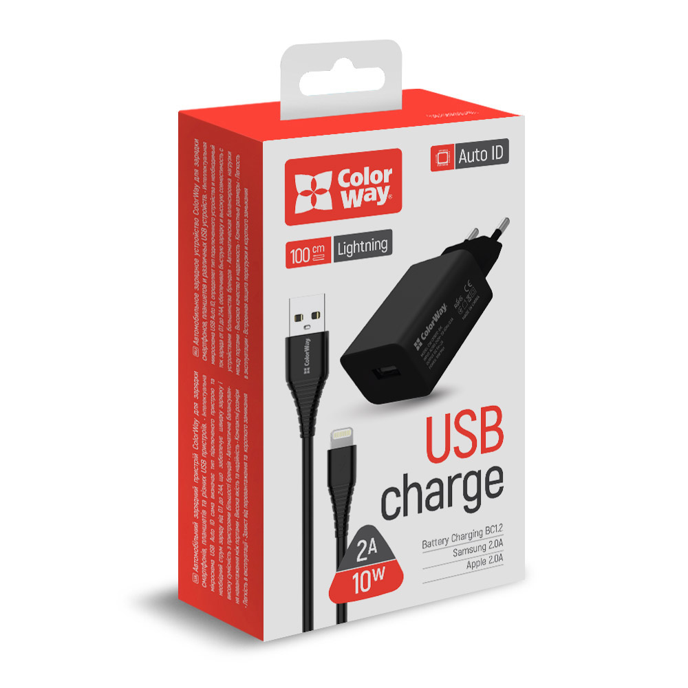 ColorWay AC nabíjačka 1xUSB AUTO ID 2.0A (10W) čierna+kábel Lightning 1m
