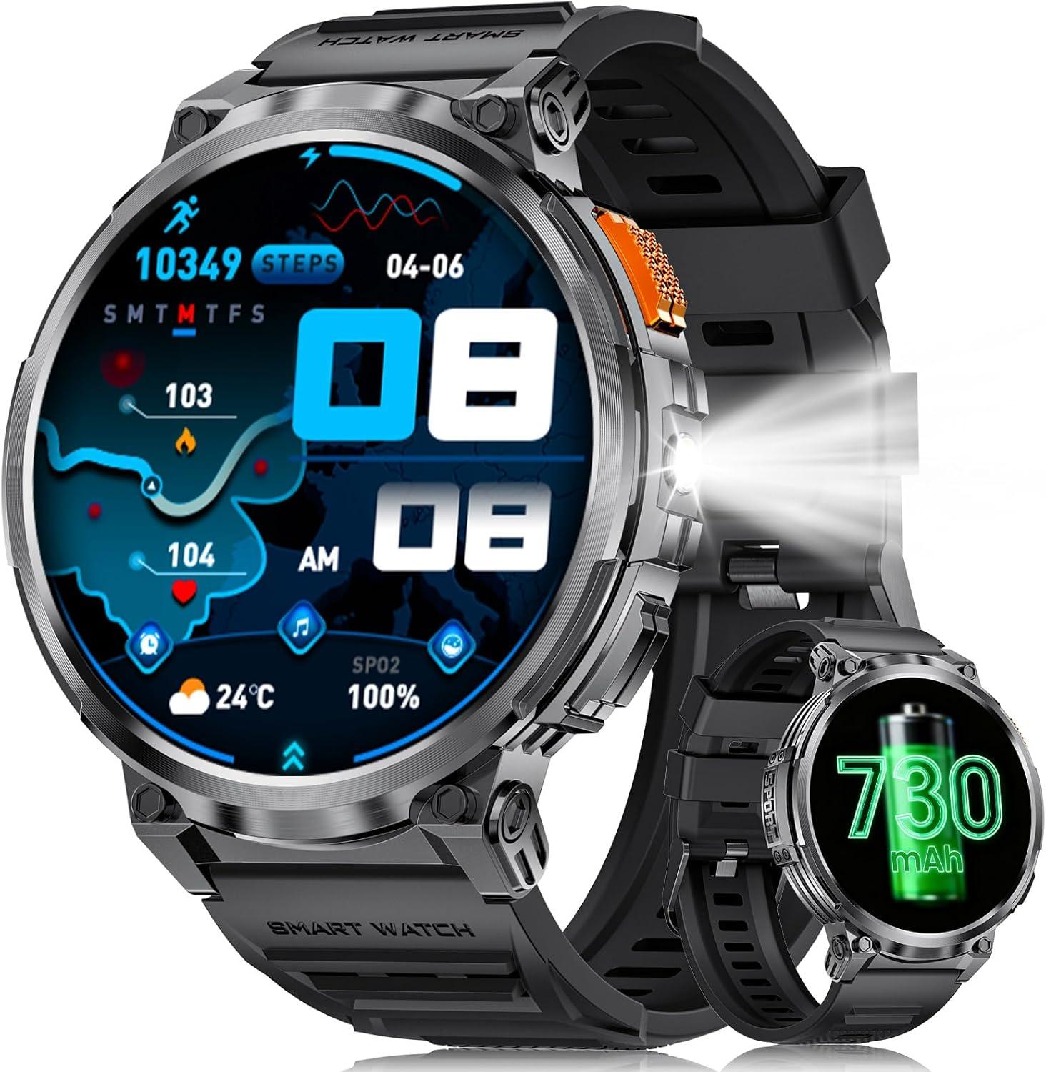ESFOE Herren-Smartwatch mit Taschenlampe,730 mAh, Telefonfunktion, Fitness 133 Sportmodi, IP68 SpO2 Herzfrequenzmessung