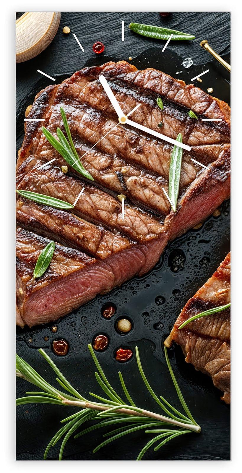 Primedeco Wanduhr aus Glas mit Motiv Gegrilltes Steak- 30 x 60 cm - inkl. Aufhängesystem