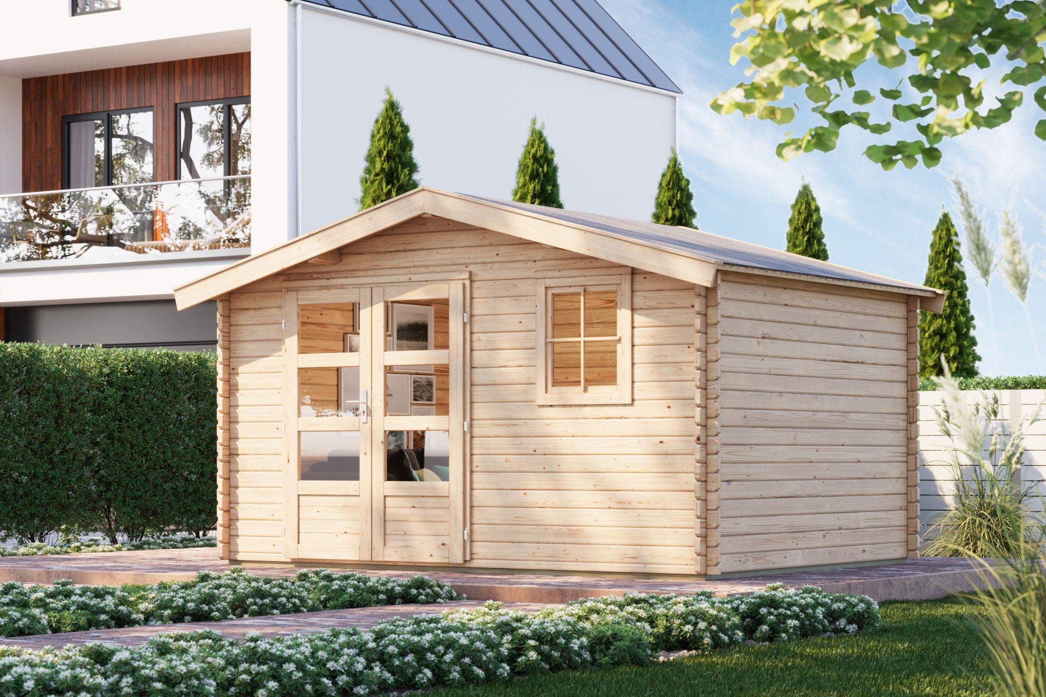 Gartenhaus Holz 38mm Blockbohlenhaus Gerätehaus Geräteschuppen Felsenau 5 naturbelassen 387x297x241 cm Image