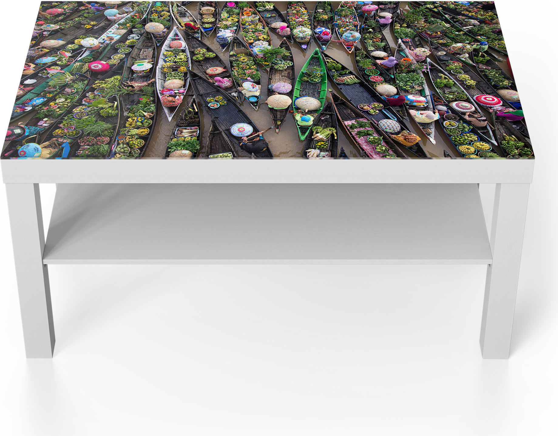 DEQORI Couchtisch 90x55 cm Weiß 'Marktleben auf Wasser' Glas Beistelltisch Glastisch modern TL-90-55-W-3369