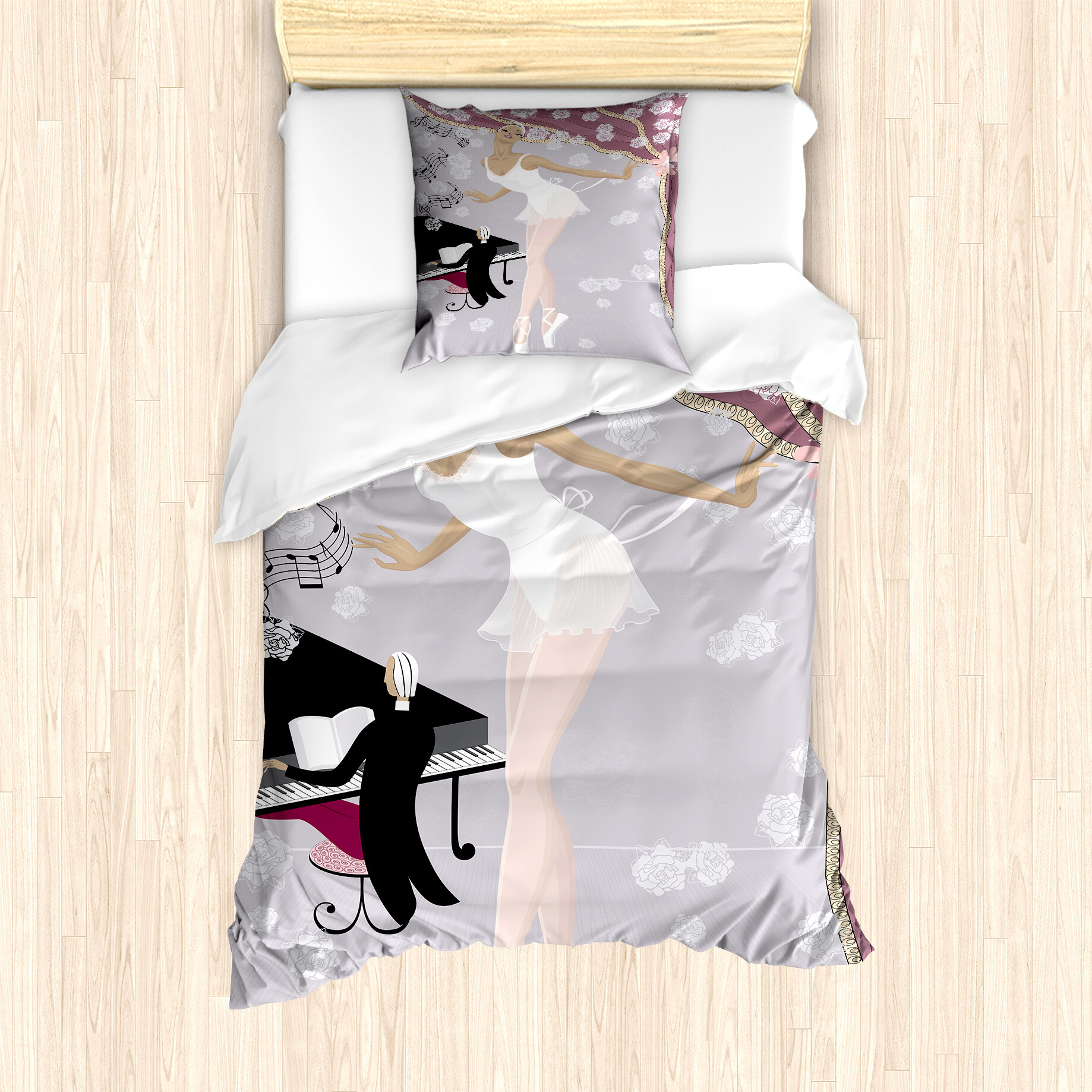 KOZMOS TEKSTL VE GER DÖNÜÜM SANAY TCARET LMTED RKET ABAKUHAUS Ballett Bettbezug Set für Einzelbetten, Alter Ballsaal und Pianist, Milbensicher Allergiker geeignet mit Kissenbezug, 135 cm x 200 cm - 80 x 80 cm, Mehrfarbig nevde_71159_135x200_de