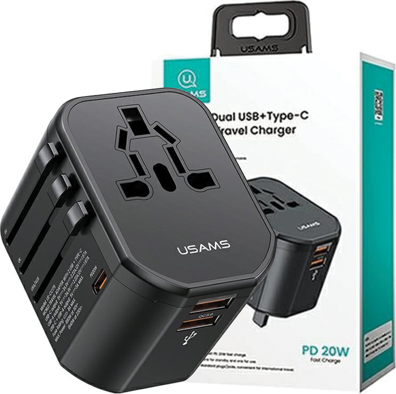 Univerzálna cestovná nabíjačka Usams Adapter Siec 2Xusb+1Xusb-C T59 20W 4W1 Us/Au/Eu/Uk Czarny/Black Cc179Tc01 (Us-Cc179)