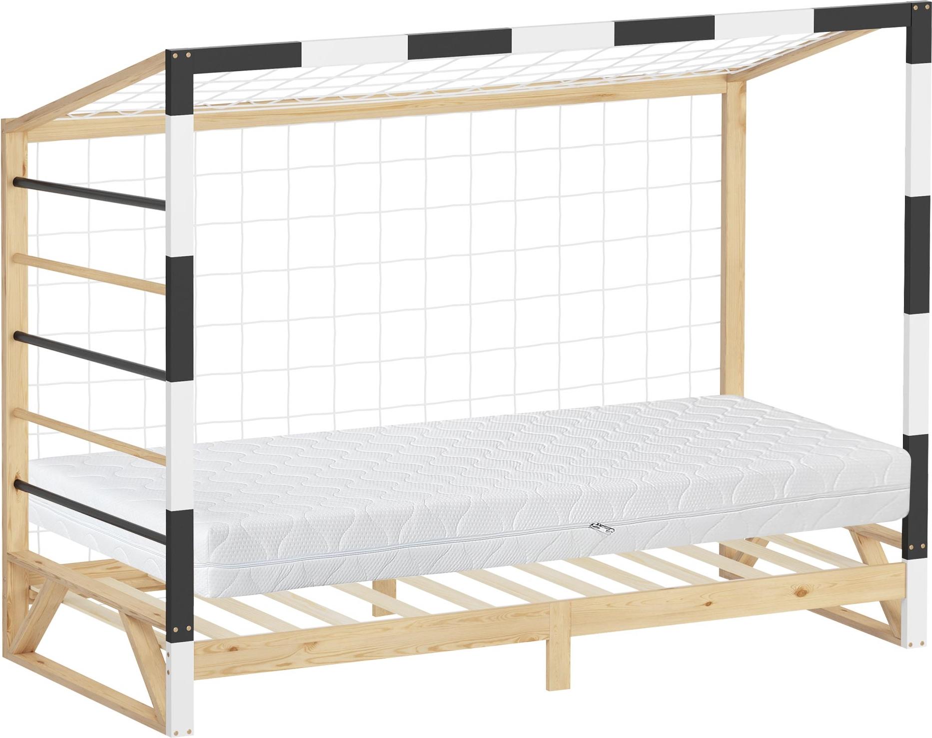ML-Design Kinderbett Fußballtor 90x200 cm mit Matratze Holzbett mit Lattenrost Kletterleiter & Netz Jugendbett aus Kiefernholz Einzelbett Handballtor