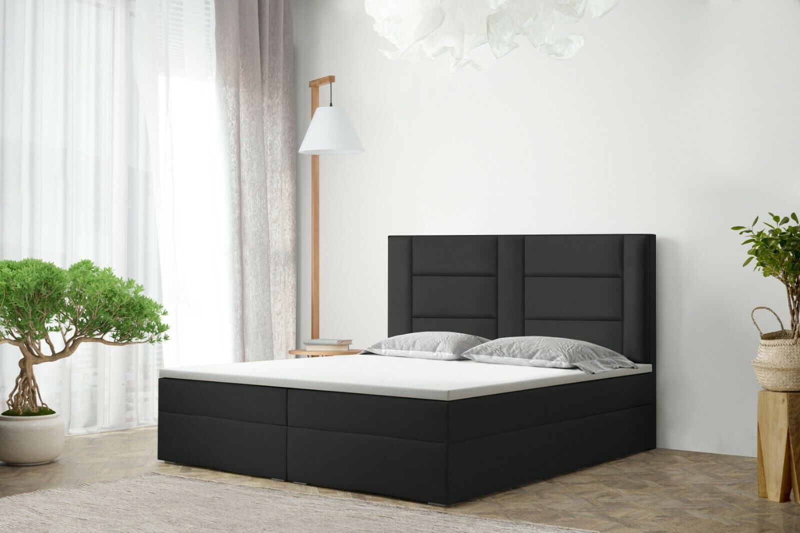 Skriňová posteľ Grekpol Vegas 200x200 cm s matracom TFK H3 a topperom, čalúnená posteľ s podnožou Tkanina: ekokoža Madryt 9100