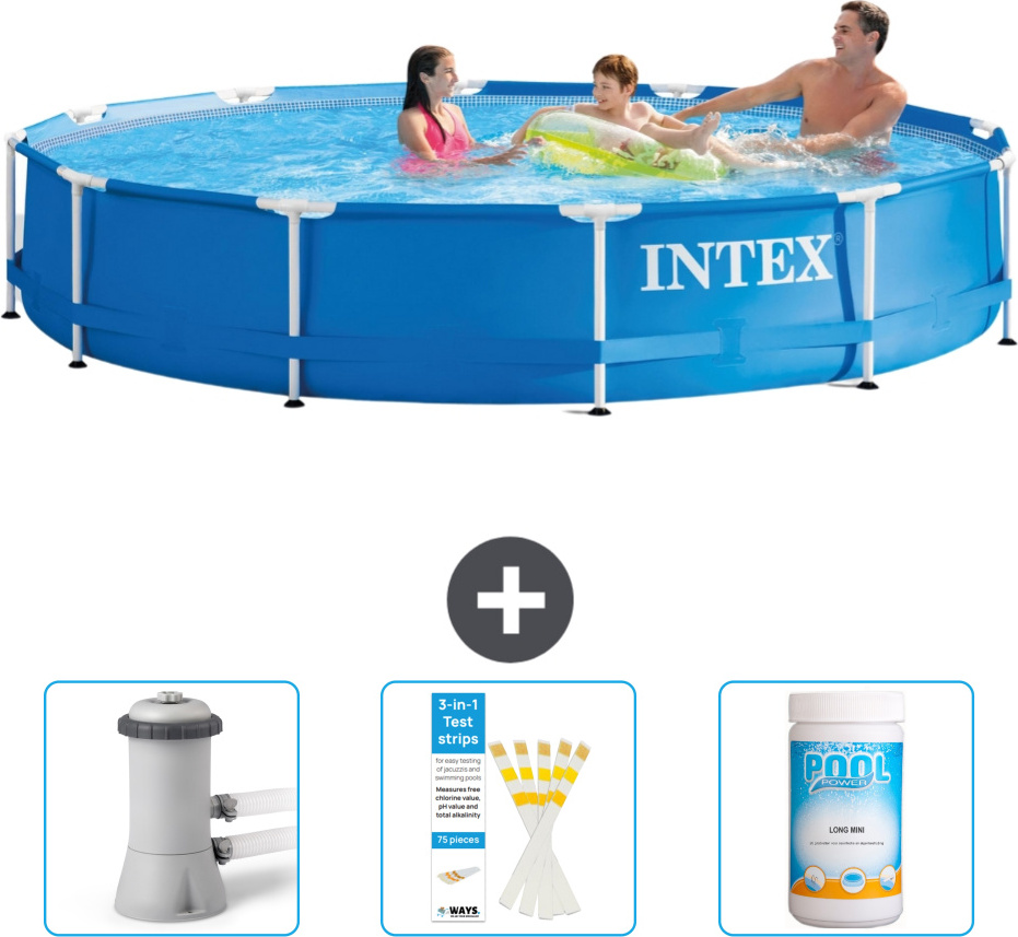 Bazén Intex s okrúhlym rámom - 366 x 76 cm - Modrý - Súčasťou dodávky je filtračné čerpadlo pre bazén - Testovacie prúžky - Chlór