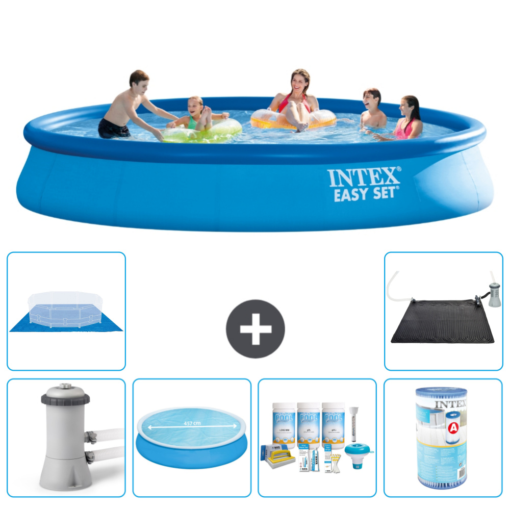 Okrúhly nafukovací bazén Intex Easy Set - 457 x 84 cm - modrý - vrátane markízy s čerpadlom - balík na údržbu - filter - podložka - solárna rohož