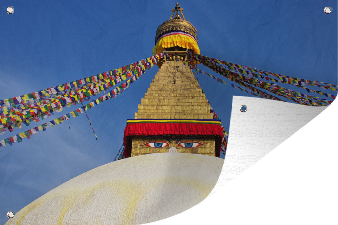 MuchoWow® 90x60 cm Outdoor-Poster Gartendeko Sichtschutz Garten Poster für den Garten Gebetsfahnen an der Goldenen Stupa in Kathmandu 133|1283230