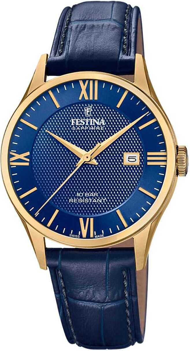 Festina analógové pánske hodinky Swiss Made F20010/3 kožený remienok hodinky modré UF20010/3