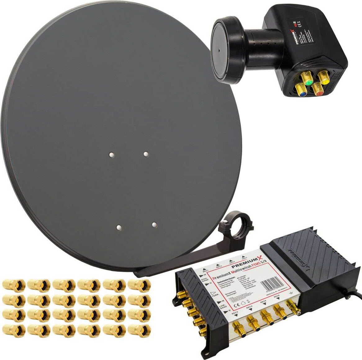 PREMIUM X PremiumX SAT Anlage 80cm Antenne Multischalter 5/8 LNB 24x F-Stecker PXS80 (Antenne), PXMS 5/8 (Multischalter)