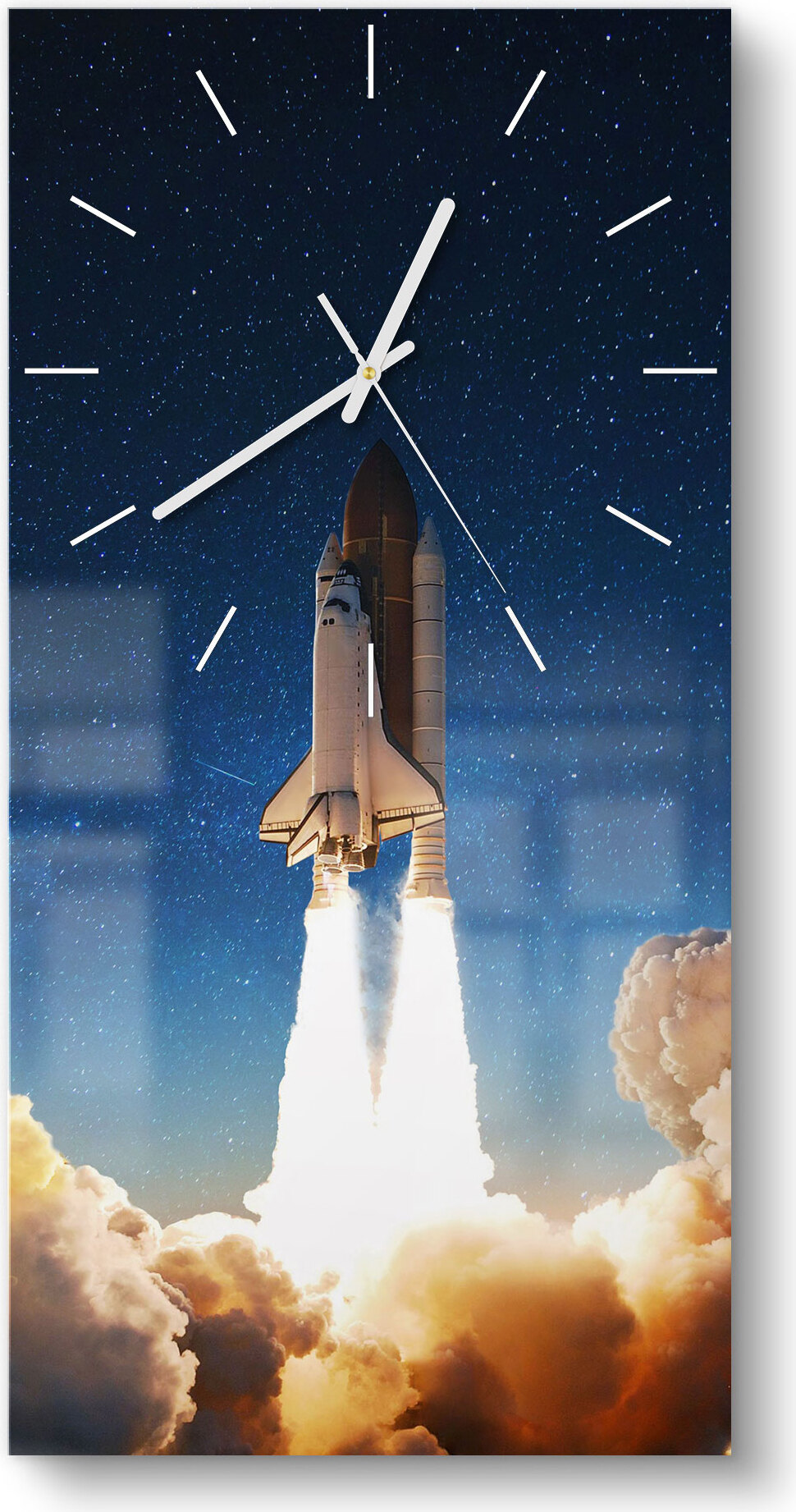 DEQORI Glasuhr 30x60 cm Modern 'Raketenstart ins All' Wanduhr Glas Uhr Design leise WC-30-60-M-2286