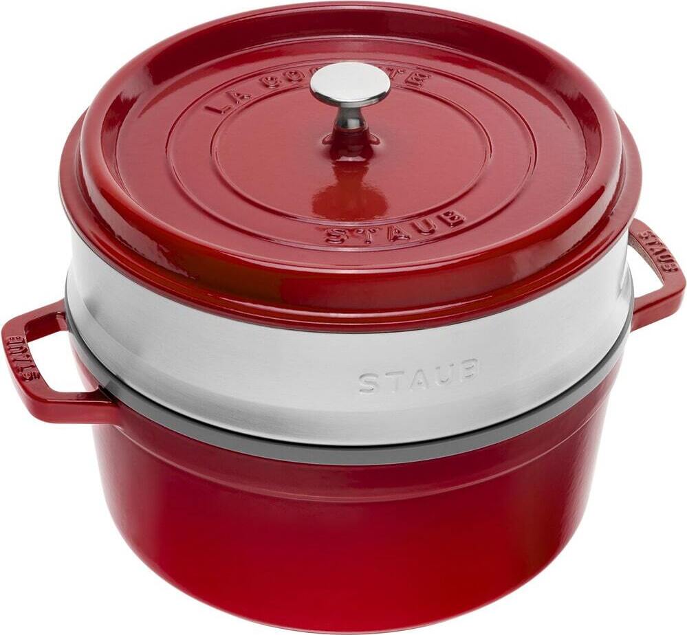 Staub Cocotte Mit Dämpfeinsatz, 24 Cm Kirschrot Rund Gusseisen