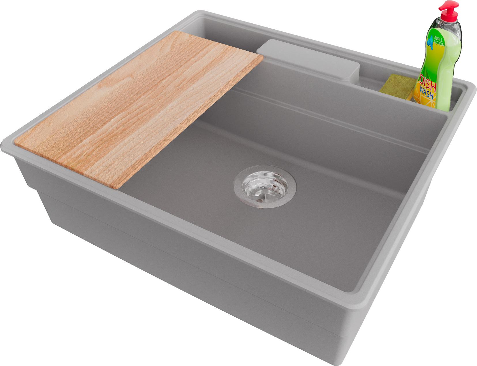 PRIMAGRAN Spülbecken Grau 58x53cm, Granitspüle 1 Becken + Ablauf-Set + Küchenzubehörset, Küchenspüle ab 60er Unterschrank - New York