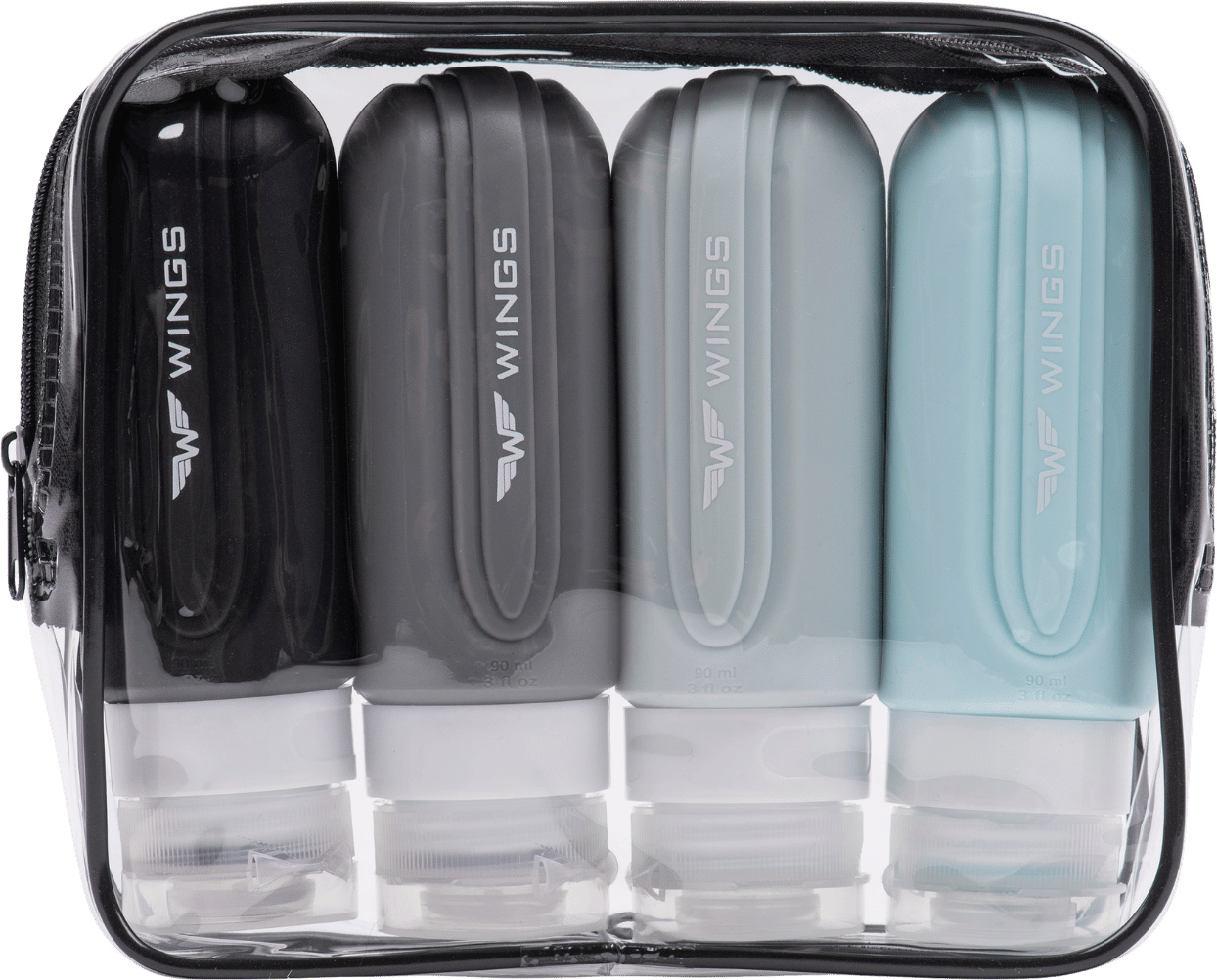 WINGS™ WINGS Set: 4 Silikon-Reiseflaschen 90ml mit Gratis Etui
