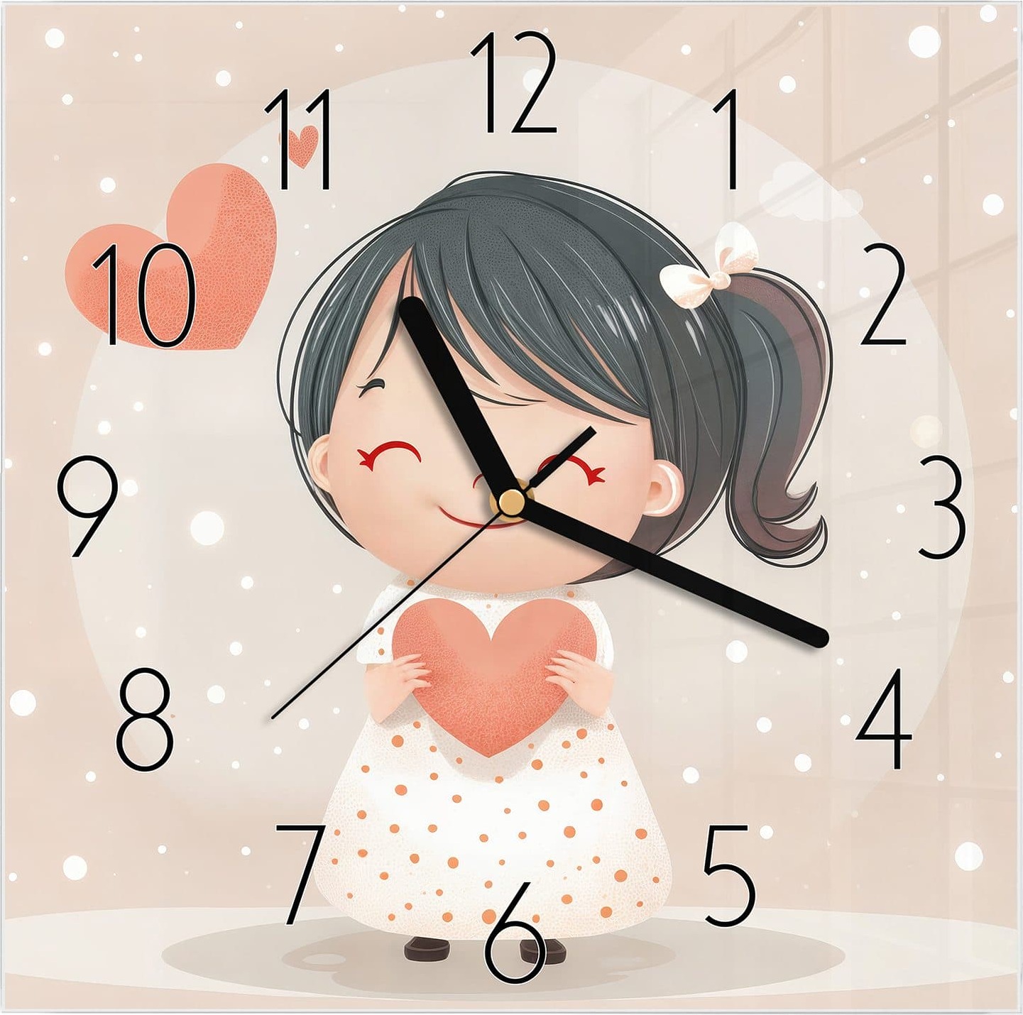 Primedeco Wanduhr aus Glas mit Motiv Herziges Maedchen Herz- 30 x 30 cm - inkl. Aufhängesystem