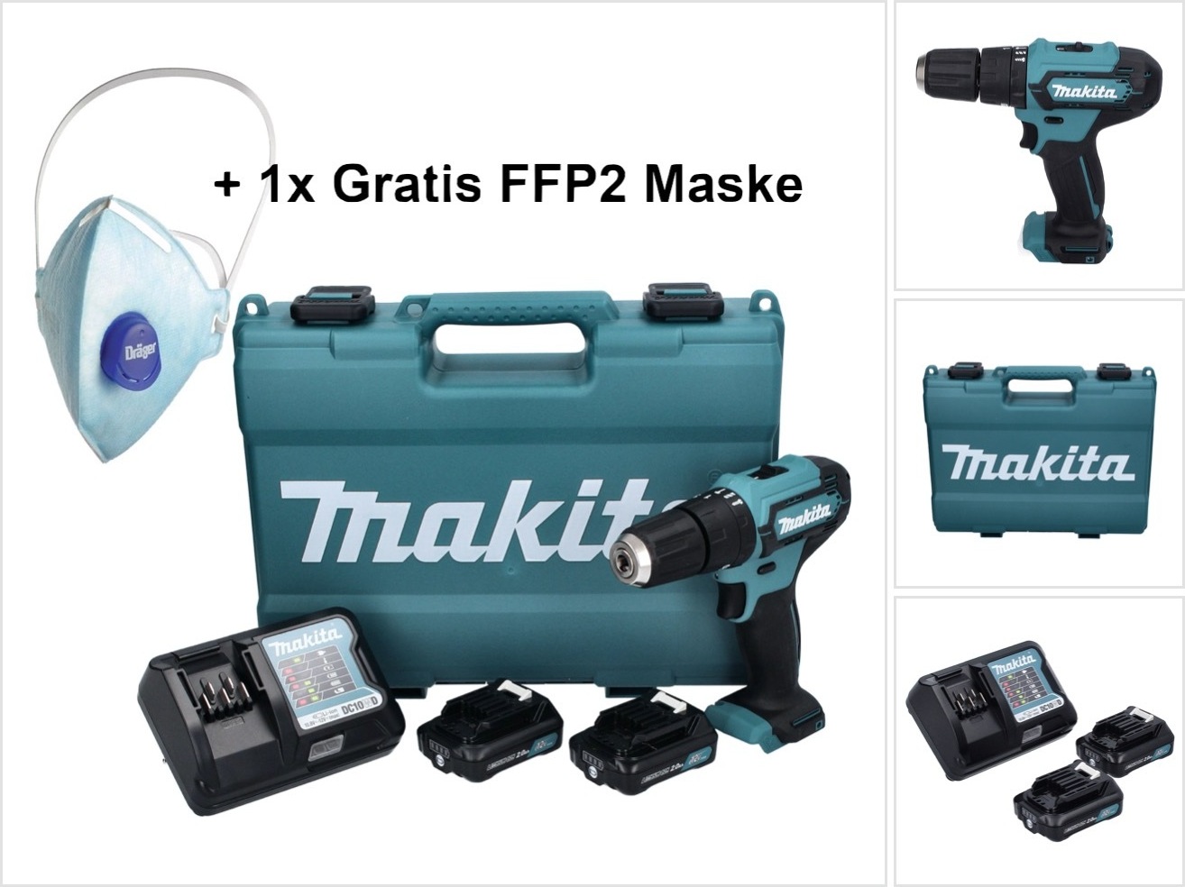Makita HP 333 DWAE Akku Schlagbohrschrauber 12 V 30 Nm + 2x Akku 2,0 Ah + Ladegerät + 1x FFP2 Maske + Koffer