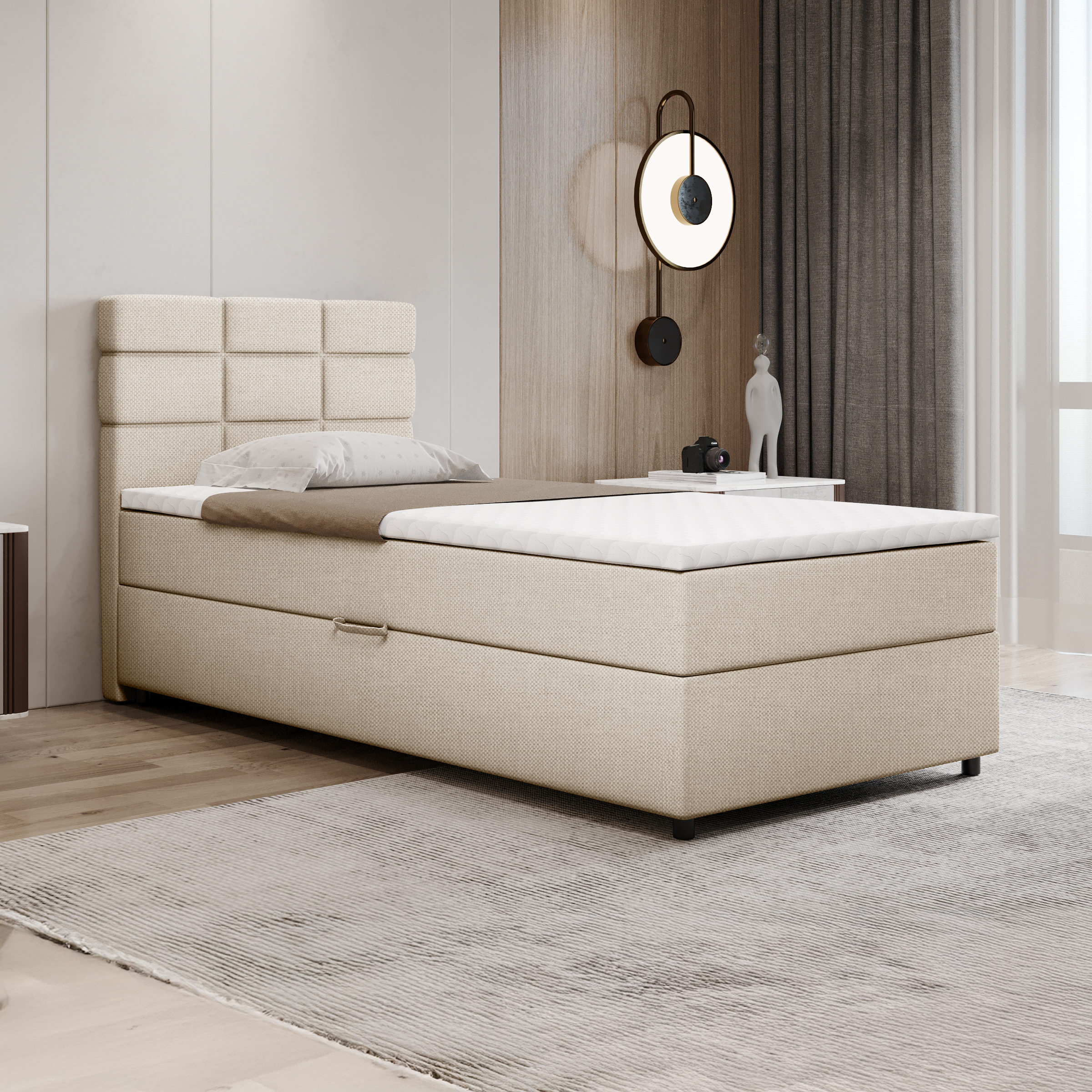 Boxspringbett 100x200, mit Bettkasten, Beige, Matratze und Topper, Einzelbett, REVE, Panda Möbel