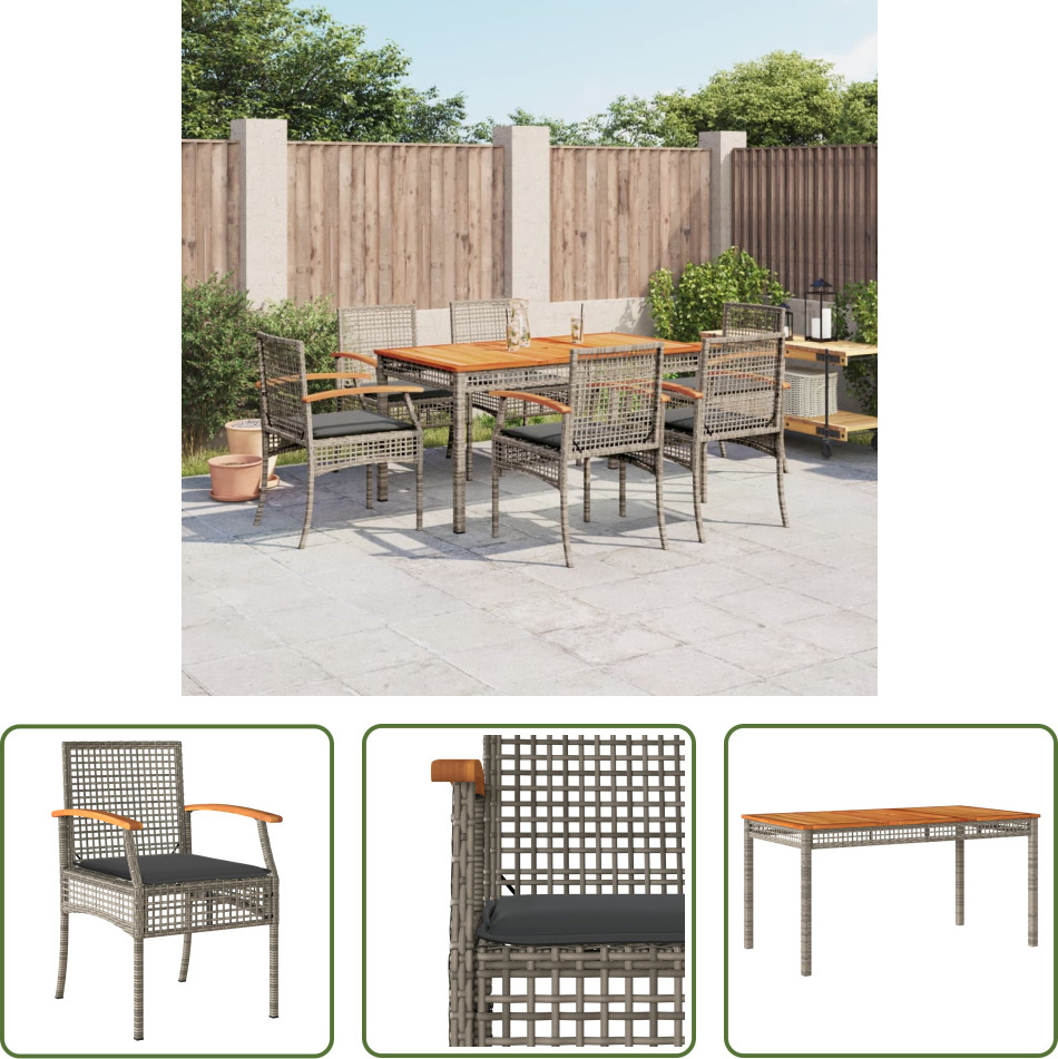 The Living Store 7-dielny záhradný jedálenský set s vankúšmi sivý polyratan