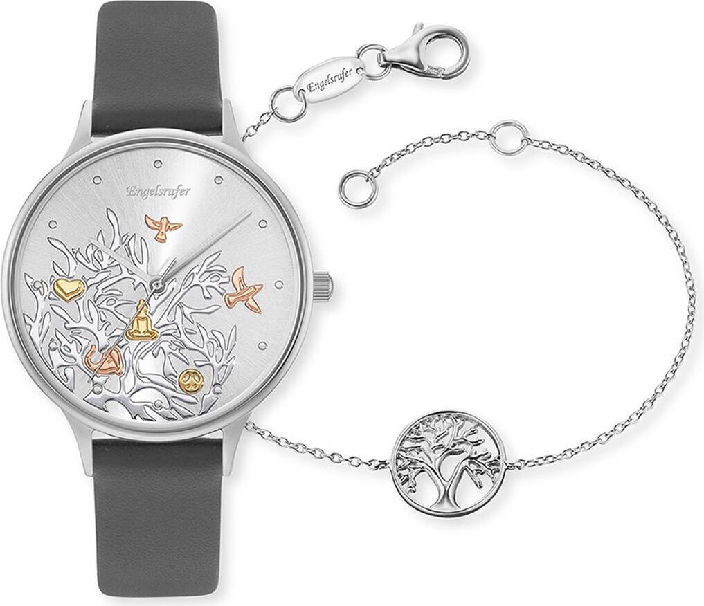 Engelsrufer Damen Uhr Set ERWO-TREE-03 Lebensbaum Leder grau mit inkl. Lebensbaum Armband