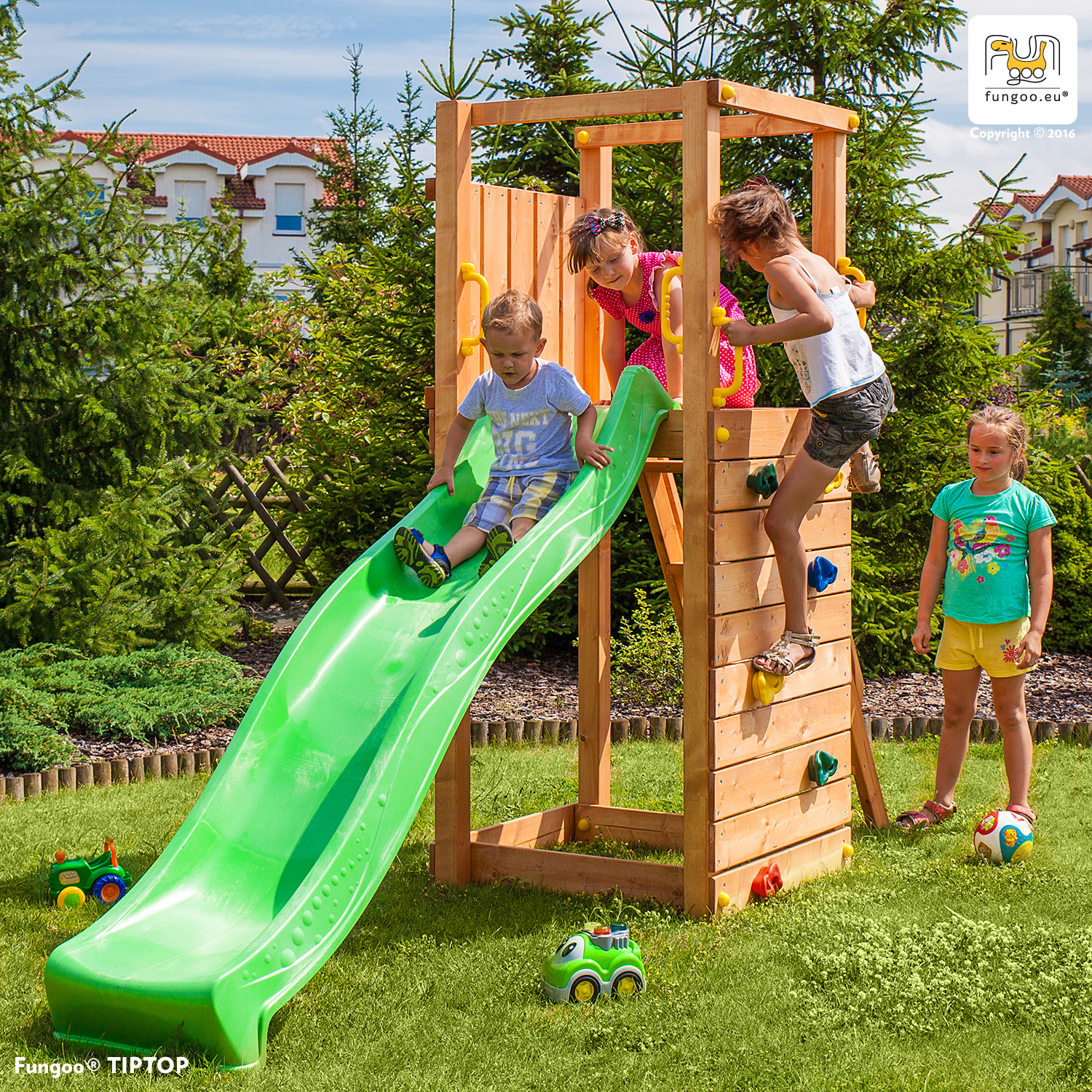 Fungoo Spielturm / Gartenspielhaus TIPTOP, mit Rutsche 2,20m & Kletterwand; 03305
