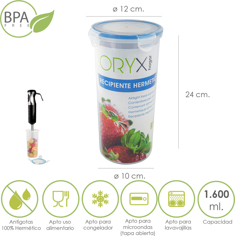 Okrúhla vzduchotesná plastová nádoba s objemom 1 600 ml. Ø 12 x 24 (V) cm.