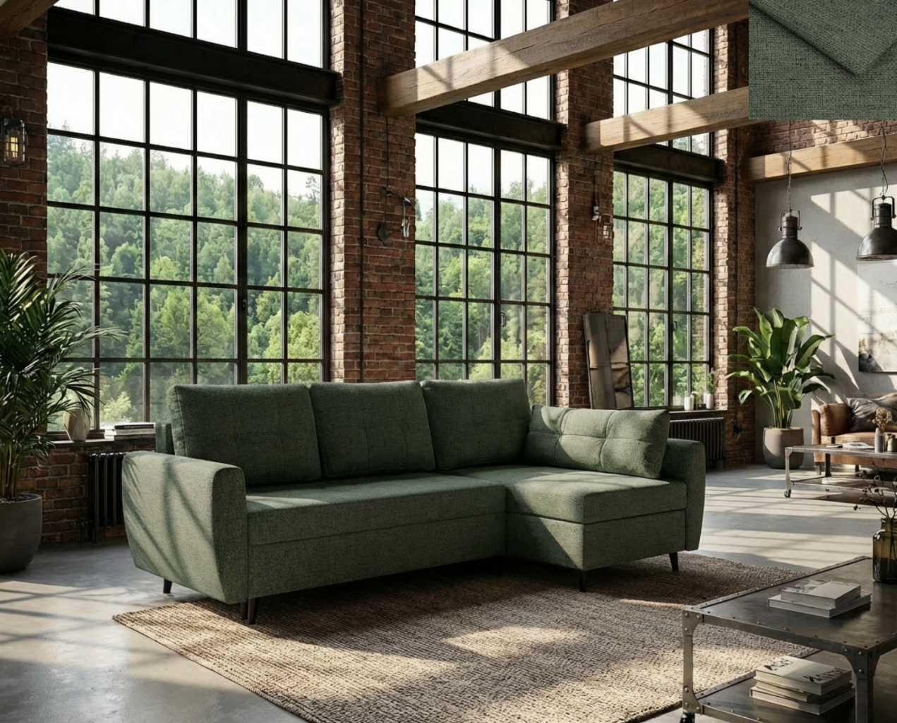 Ecksofa SINDIA Nordelo mit Schlaffunktion und Bettkasten Universal L/R 246 cm Stoff GLOW 9 GRÜN ECKC-SIND-GLOW-9