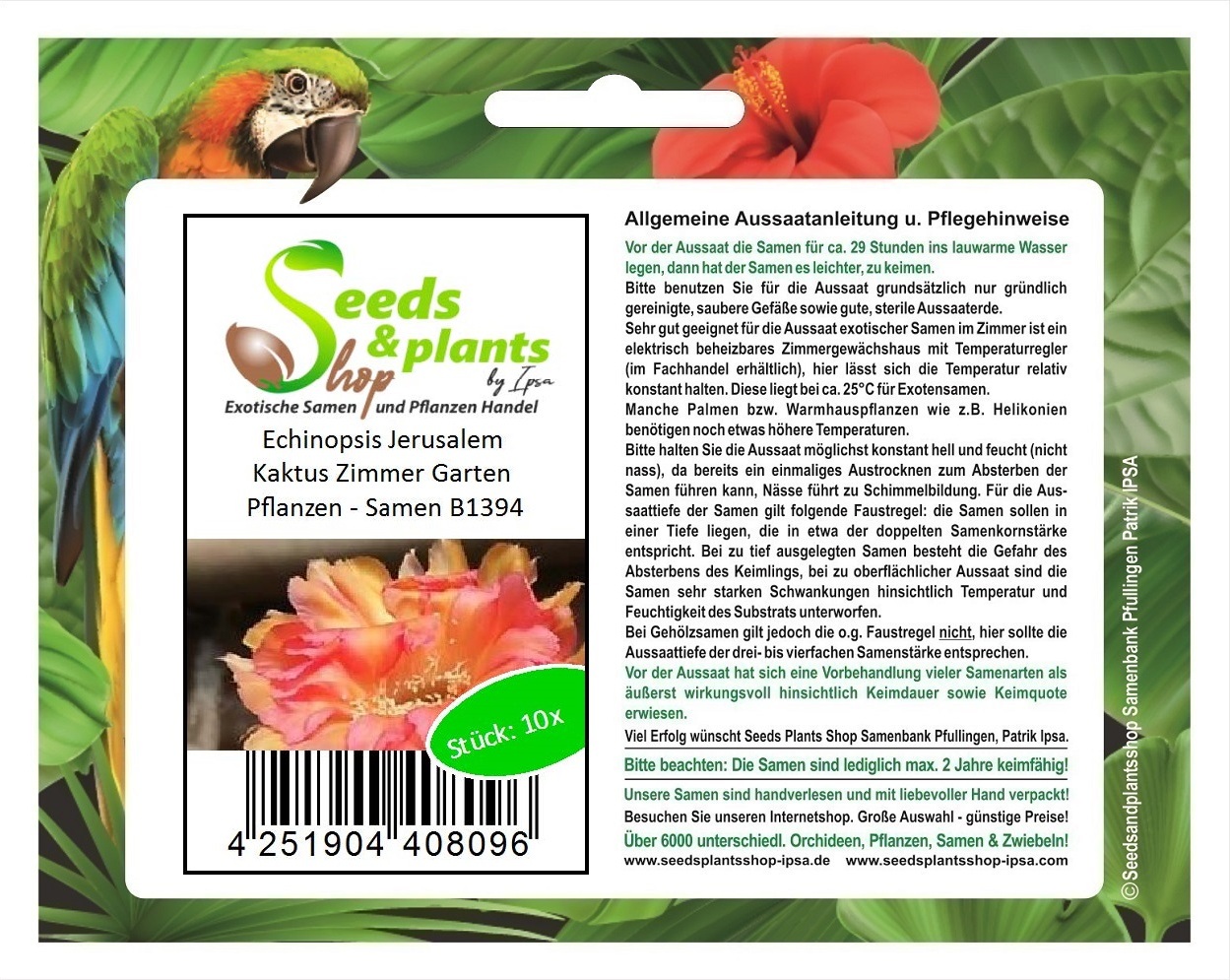 Seeds & Plants Shop by Ipsa 10x Echinopsis Jerusalem Kaktus Zimmer Garten Pflanzen - Samen B1394