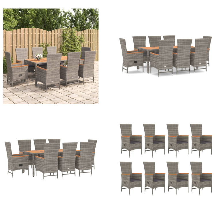 vidaXL 9 tlg. Garten Essgruppe mit Kissen Grau Poly Rattan - Garten Essgruppe - Garten Essgruppen - Essgruppe - Essgruppe Terrasse