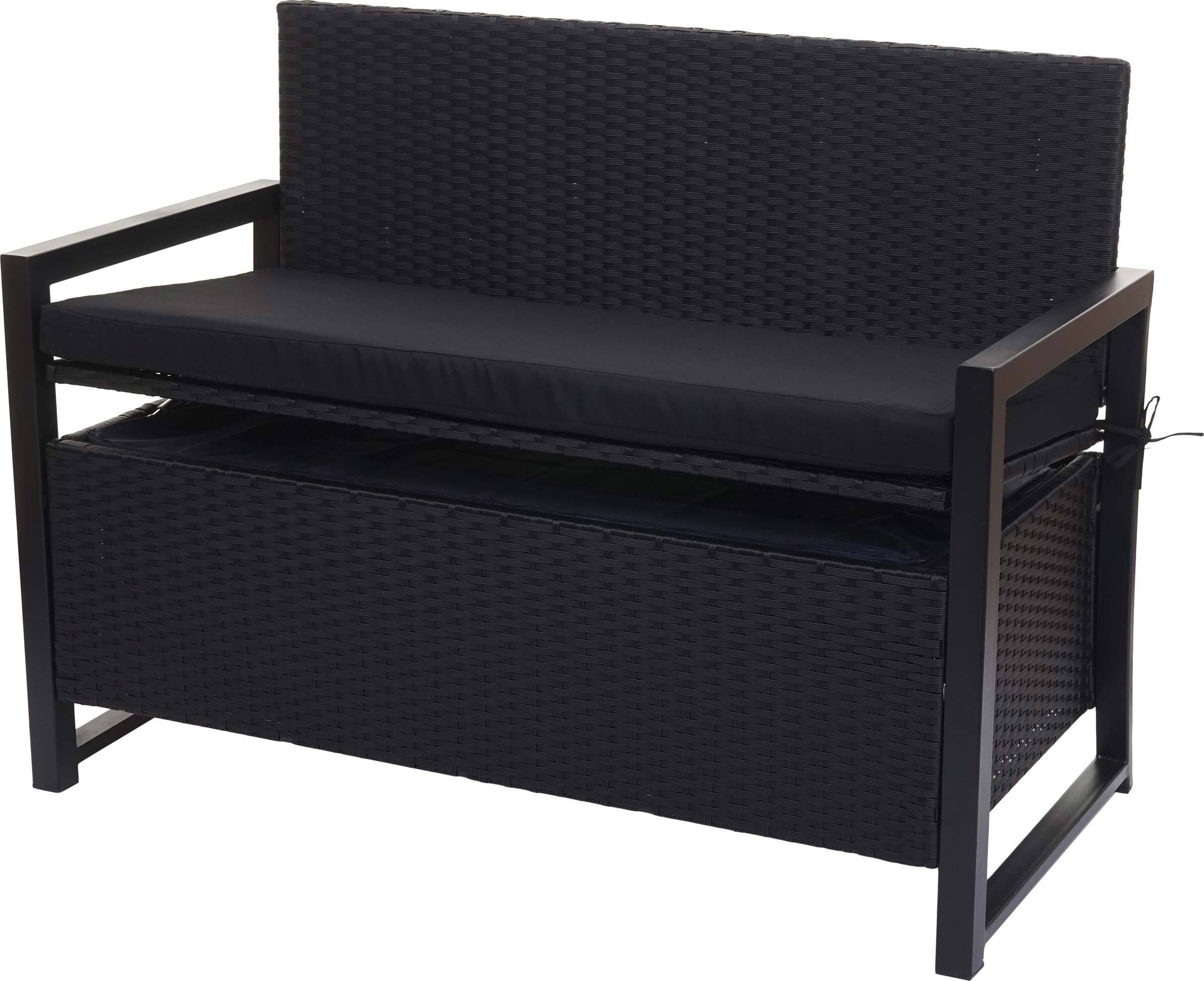 Polyratanová 2-miestna lavica HWC-F39, záhradná lavica lavica s truhlou, úložný priestor sedák ~ antracit, vankúše čierne