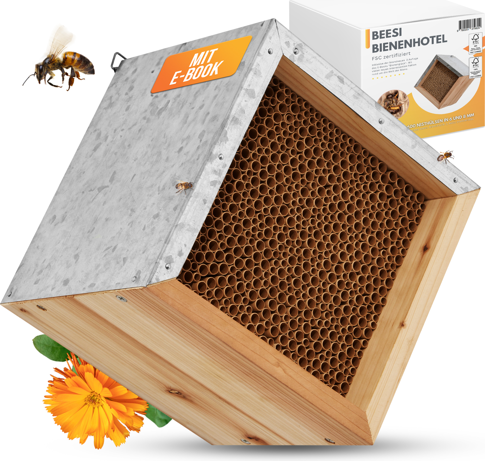 BEESI Bienenhotel mit Metalldach I 600 Nisthülsen aus Pappe 6 & 8 mm Ø I Insektenhotel zum hängen I Wildbienenhotel stabile Aufhängung I + E-Book