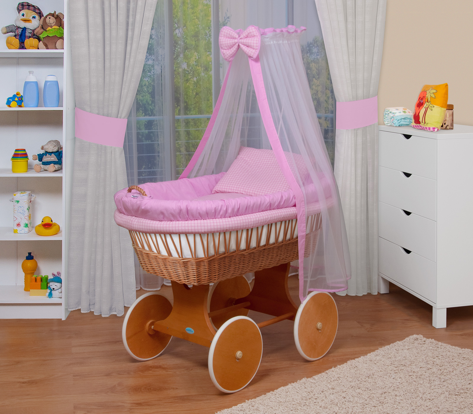 Waldin Baby Stubenwagen-Set mit Ausstattung,XXL,Gestell/Räder lackiert,rosa kariert 1212-79d