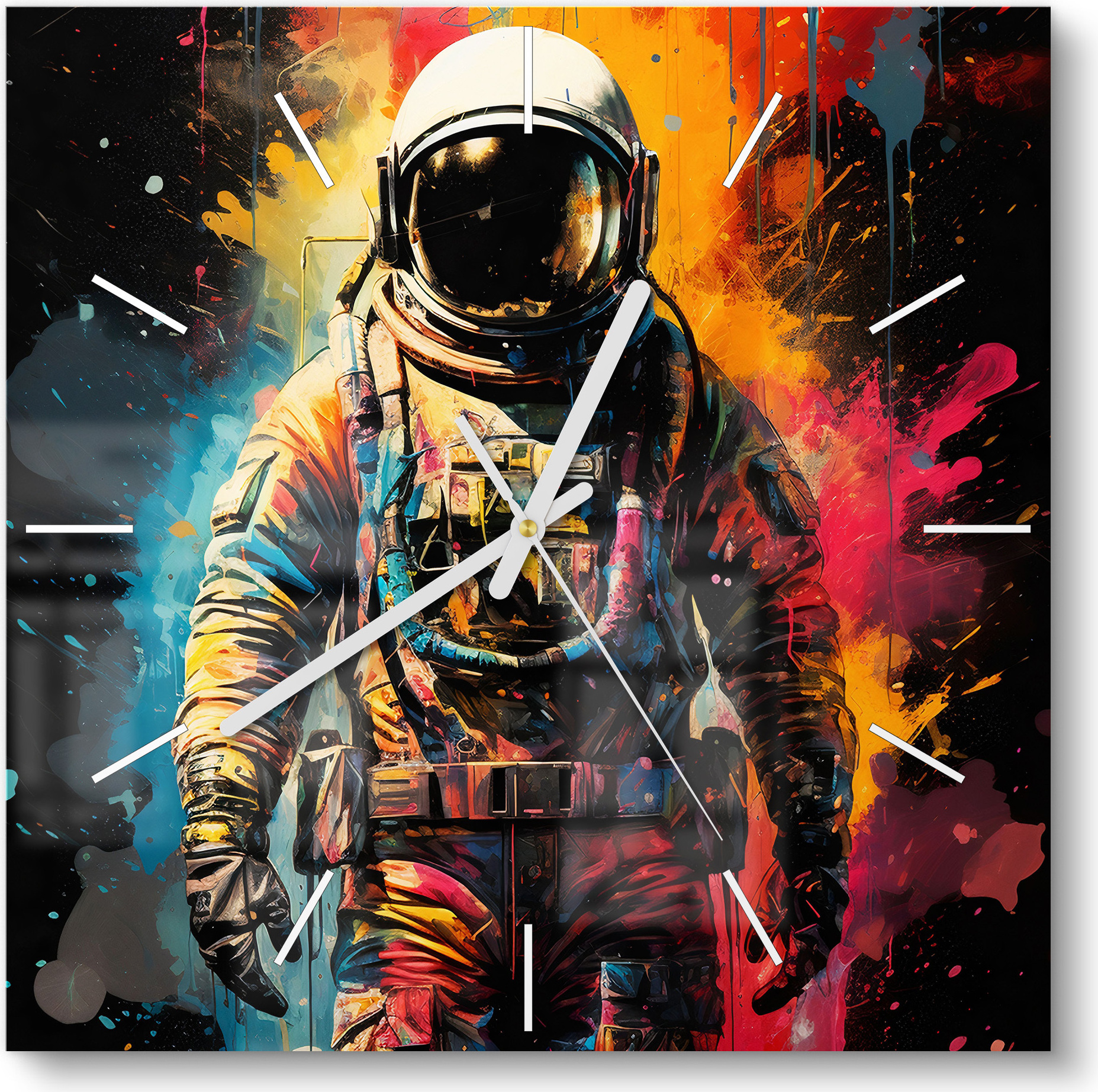 DEQORI Glasuhr 30x30 cm Modern 'Sternenreisender' Wanduhr Glas Uhr Design leise Küchenuhr WC-30-30-M-3764