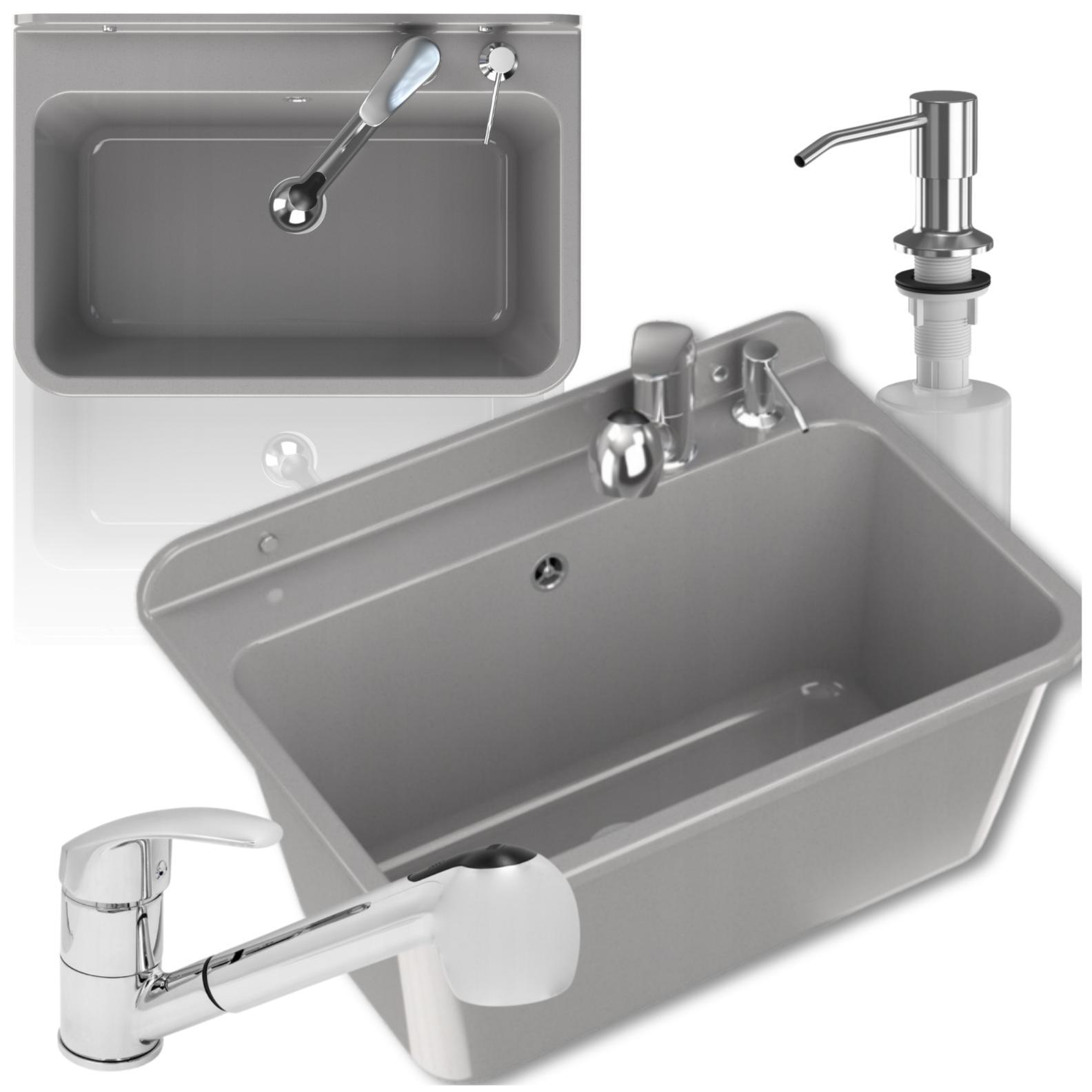 Granitan | Wirtschaftsspüle - LARGE - mit Armatur - mit Siphon - Grau - 61 x 41 cm - für Waschküche und Garage GRAUE HAUSWIRTSCHAFTSKOMMODE + MIXER
