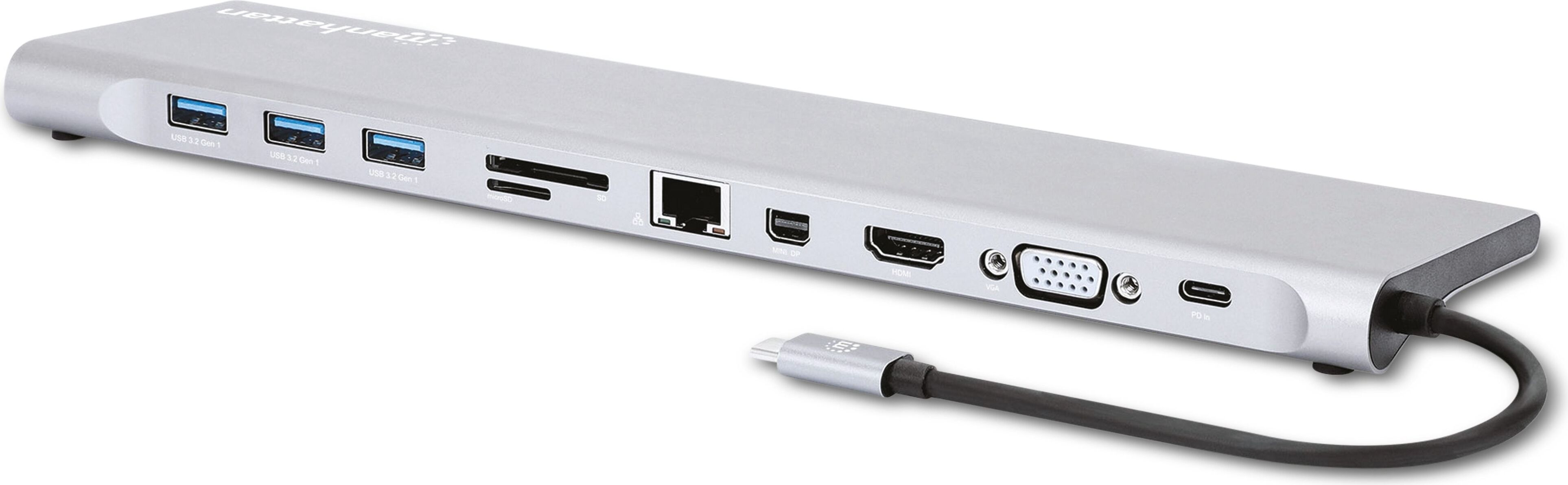 Manhattan USB-C Dock/Hub with Card Reader and MST, Ports (x9): Audio 3.5mm, Mini DP, Ethernet, HDMI, USB-A (x3), USB-C and VGA, With Power Delivery (100W) to USB-C Port (Note add USB-C wall charger and USB-C cable needed),All Ports can be used at the same