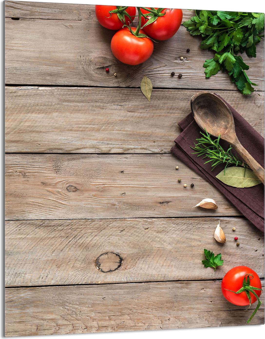 TMK ArtDeko Herdabdeckplatte 40x52 Glaskeramikfeld Abdeckung Spritzschutz Glasplatte Deko Schneidebrett, Holz Tomaten