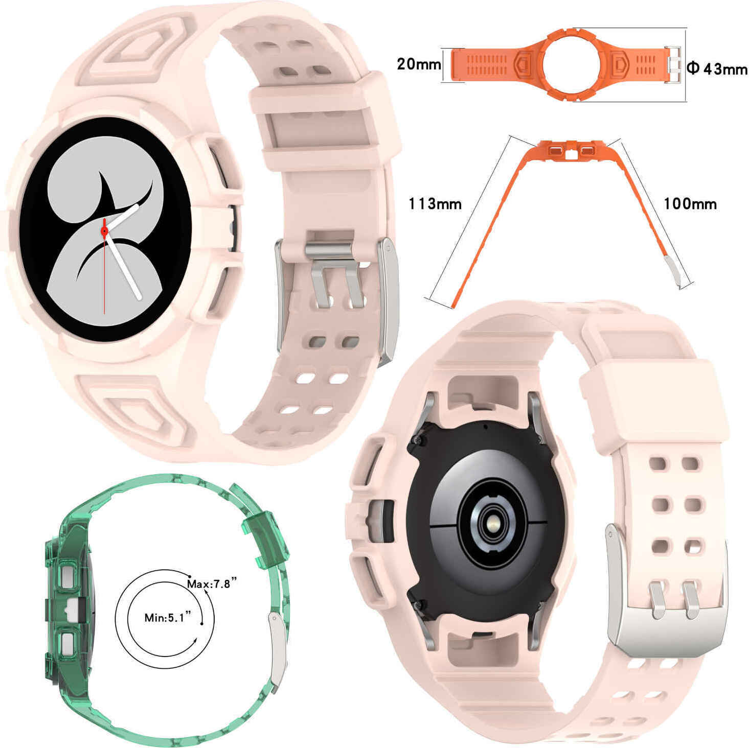 Pre Samsung Galaxy Watch FE / 4 40 mm remienok s ochranným puzdrom Ružová