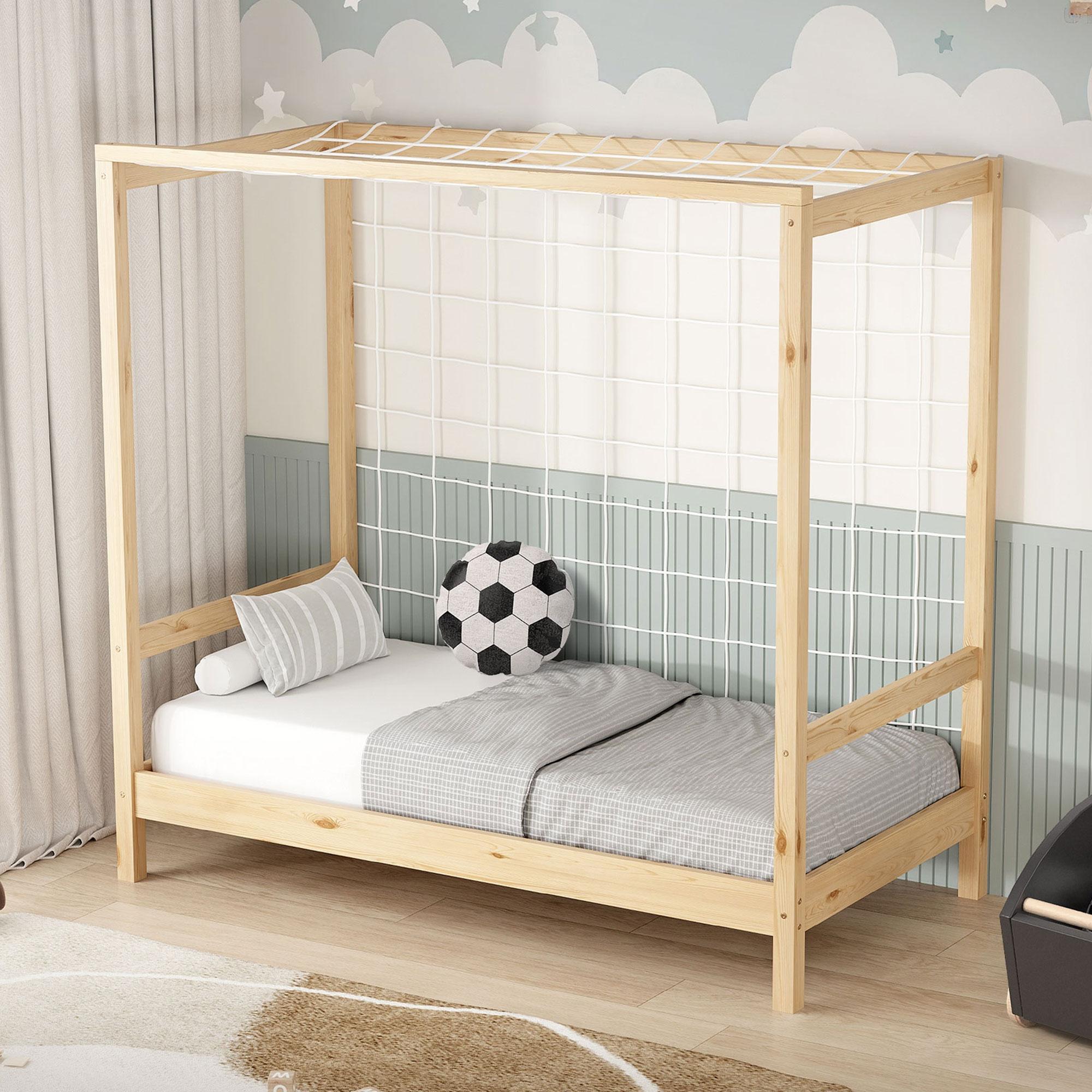 ML-Design Kinderbett Fußballtor, 70x140 cm, Natur, Einzelbett für Kinder, Holzbett mit Lattenrost & Tornetz, Jugendbett aus Kiefernholz, Handballtor 490016843