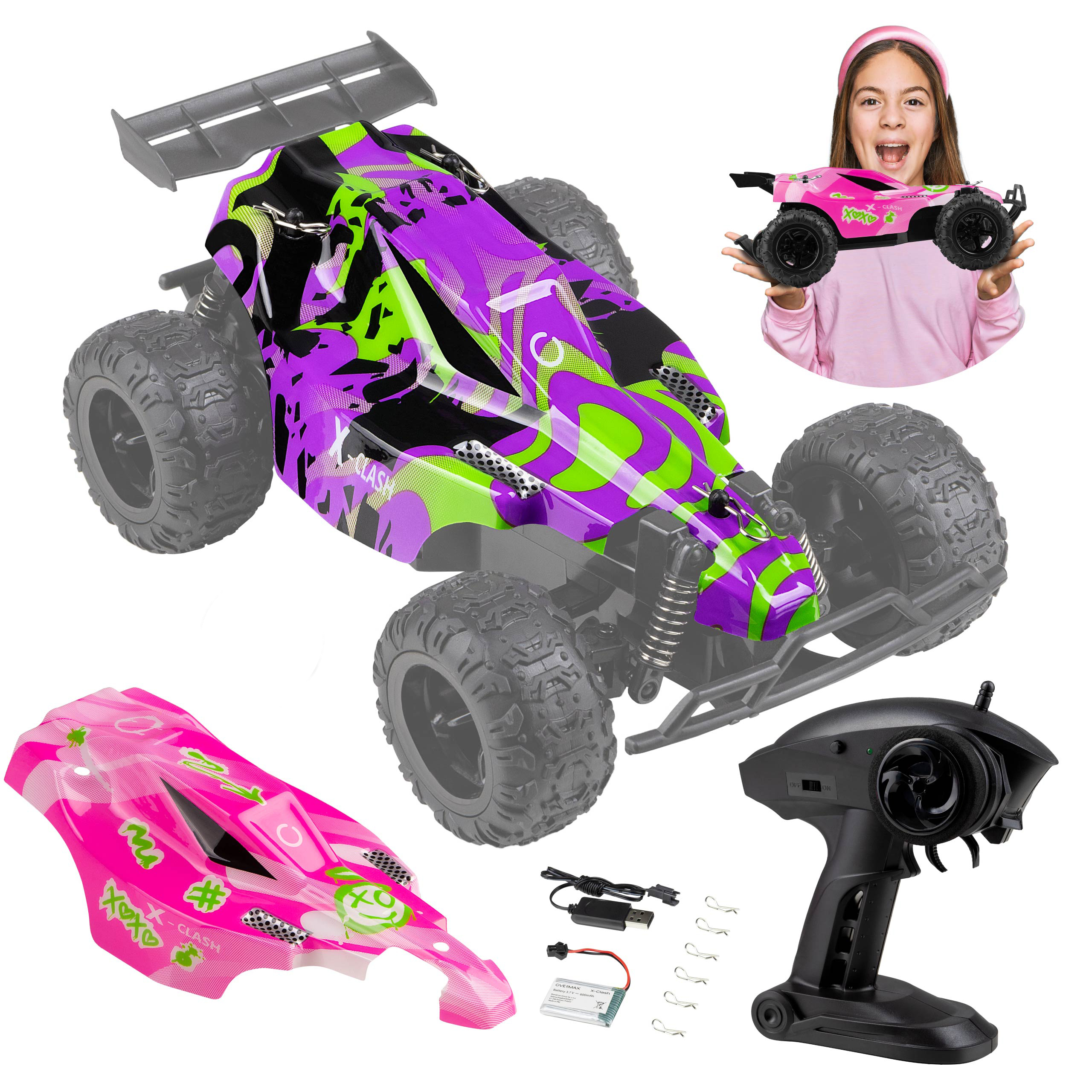 Overmax Ferngesteuertes Auto X-Clash 20 km/h, 2 Akkus, 100m Reichweite (2 Bodykits) OV-X-CLASH