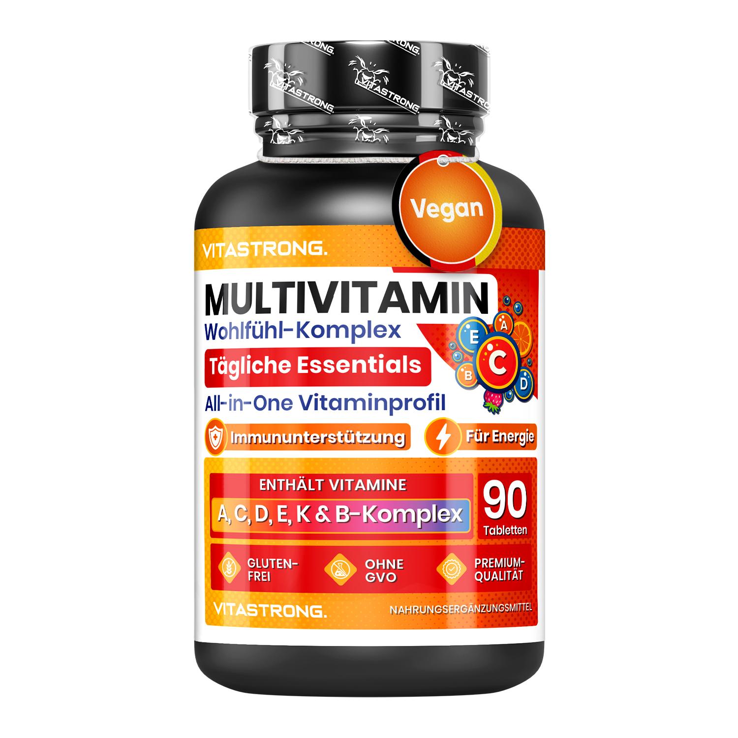 Multivitamin Tabletten Hochdosiert, Vitastrong Vitamin Komplex mit 13 Essentielle Vitamine für Frauen und Männer, Reine und e Vitamin Tabletten Ohne Gluten und GVO B0021-46716
