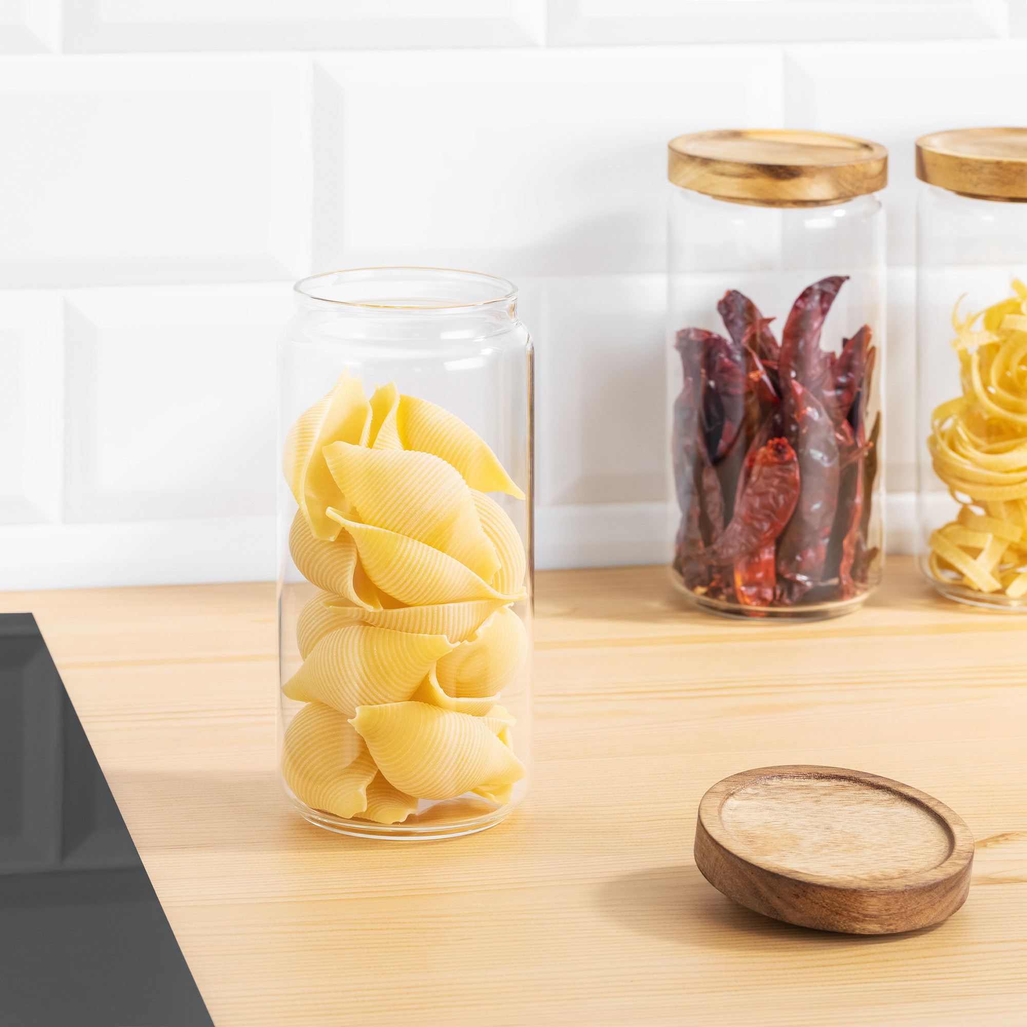 Navaris Vorratsgläser Set mit Akaziendeckel - 3x Glas Aufbewahrung Vorratsdosen mit Deckel - 950ml Lebensmittel Behälter - für Müsli Nudeln Reis 54492.01.03