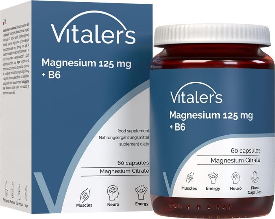 Vitaler's Magnesium 125 mg + B6 6 mg – 60 Kapseln, vegan, 2 Monate Einnahme, ohne Konservierungsstoffe, reine Zusammensetzung VIT-0880