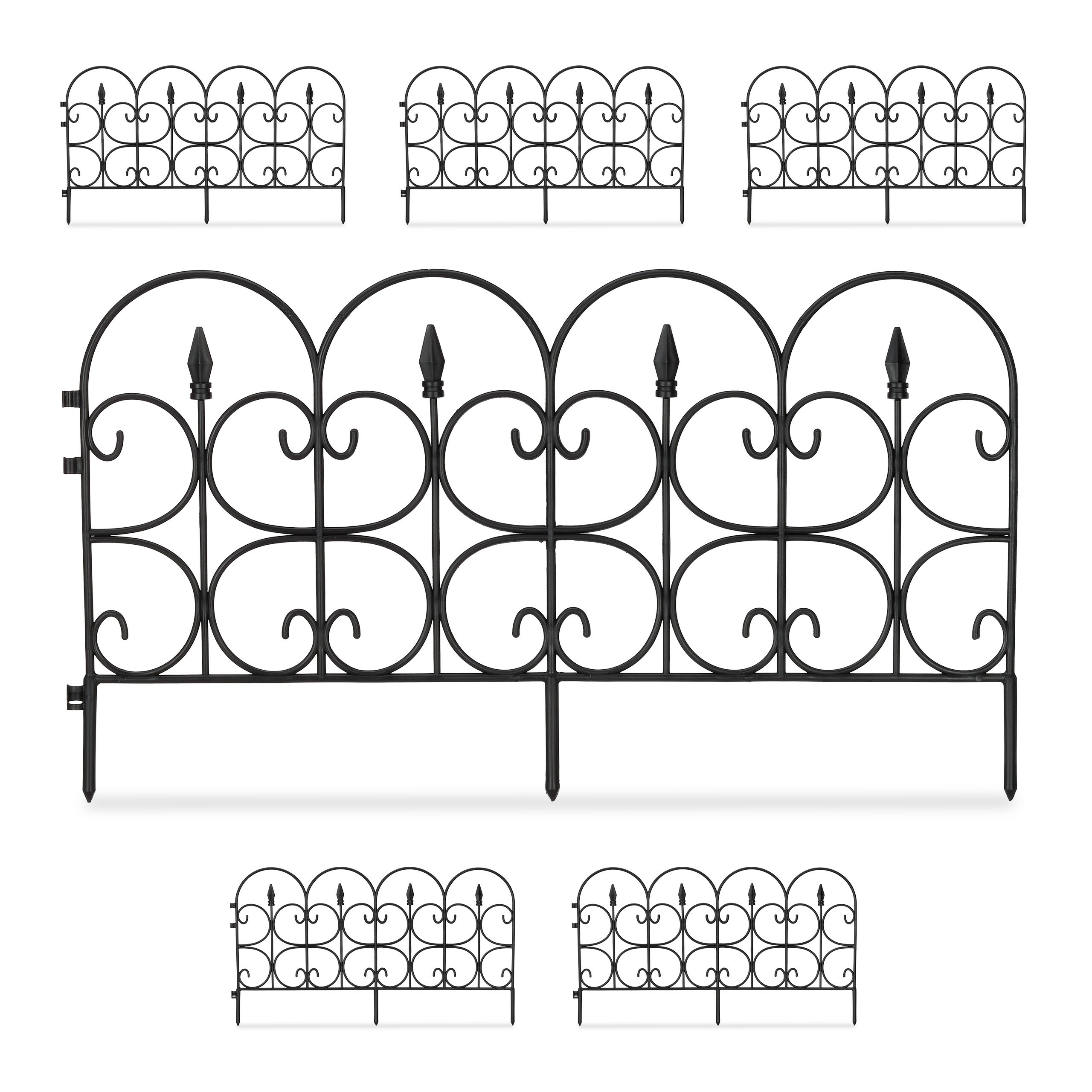 Zaun mit Ornamenten schwarz 8-tlg. Rasenkante Relaxdays Beetzaun 