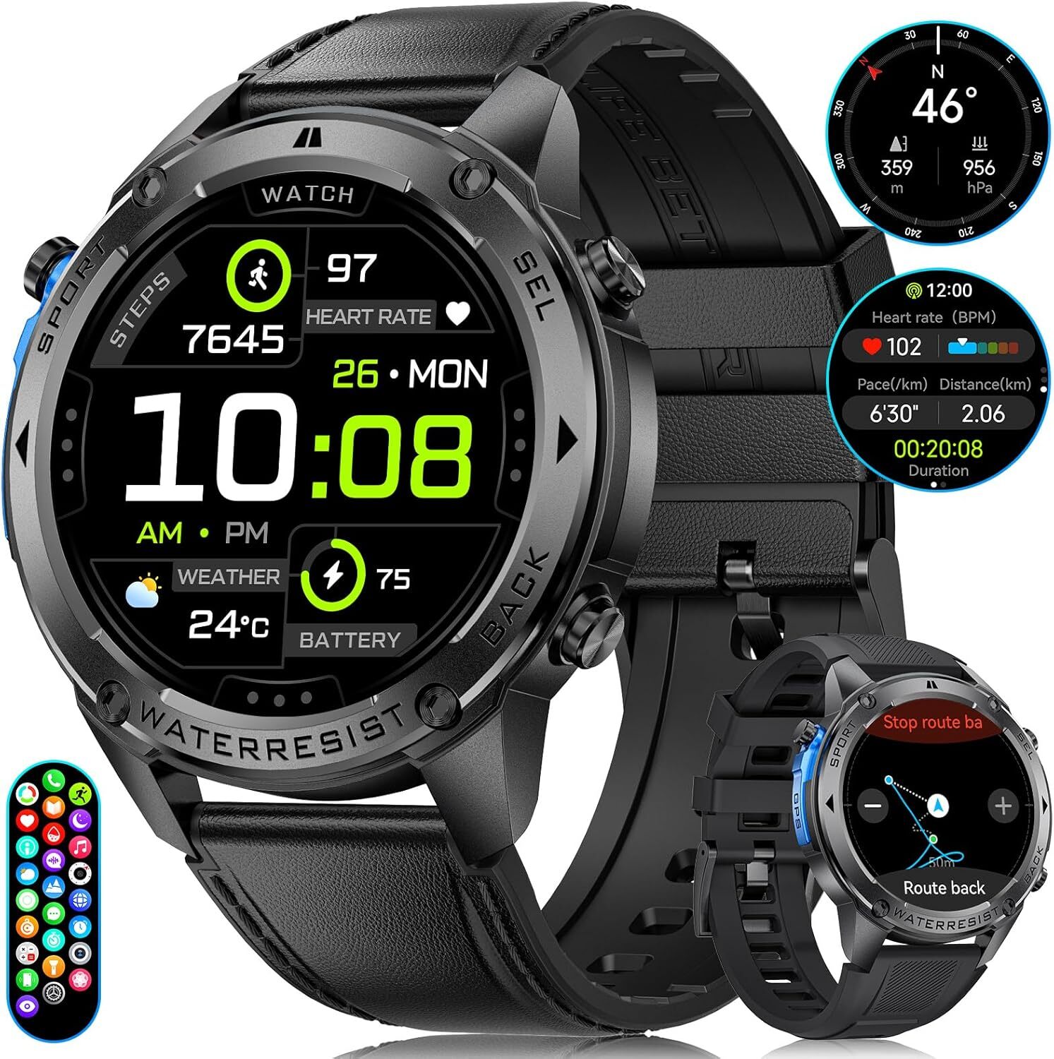 Smartwatch Men 48mm/5ATM&IP69K Vodotesné/45+dní batérie, 1,43'' AMOLED s funkciou telefónu, kompas, barometer, srdcový tep, 170+ športových režimov fitness hodinky
