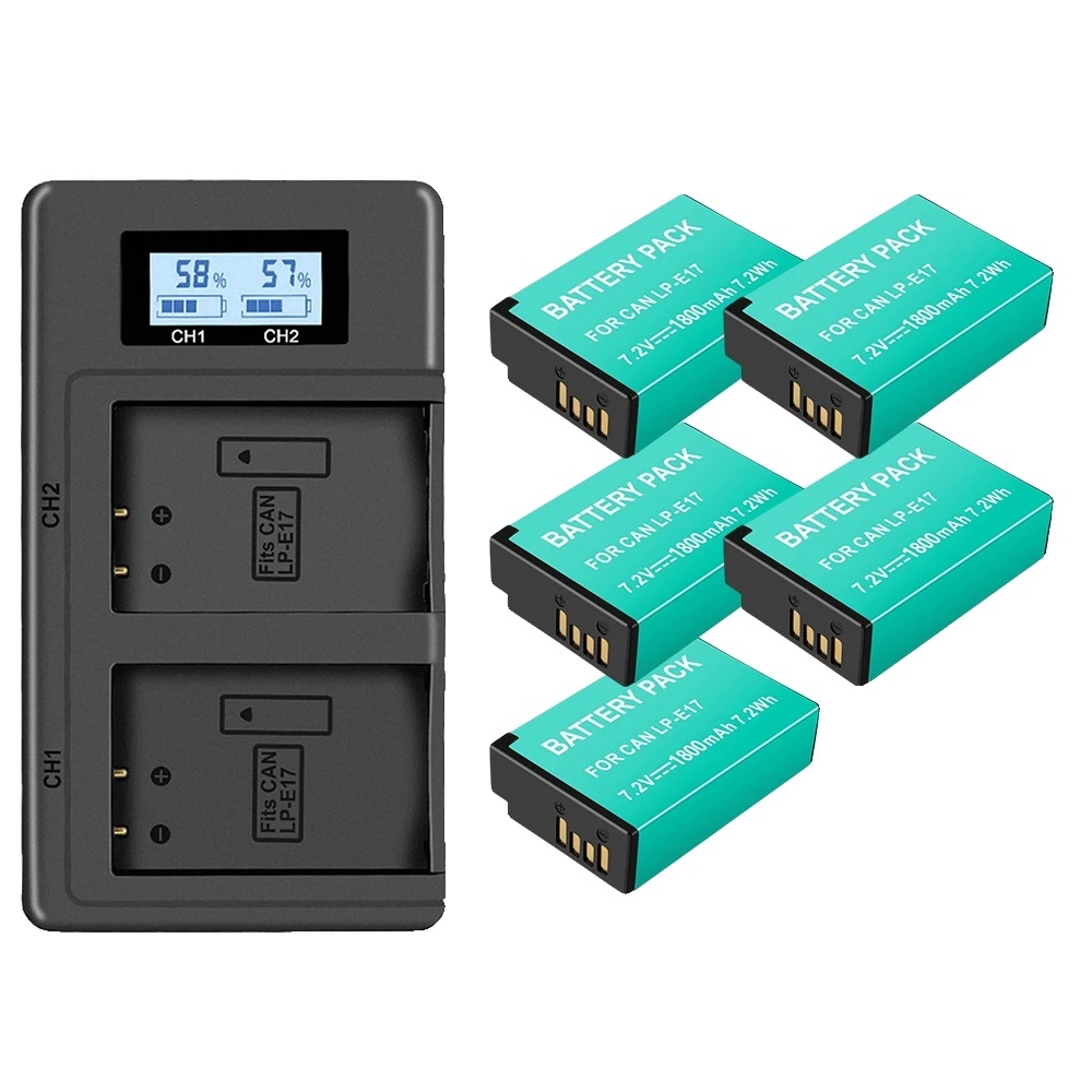 Batéria LP-E17, kapacita 1800 mAh, kompatibilná s modelmi Canon EOS, 5 batérií a nabíjačka