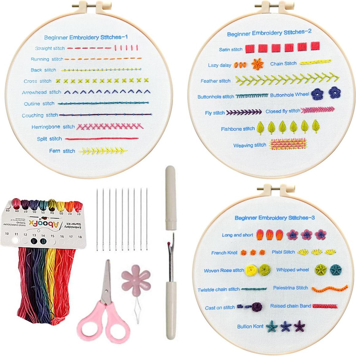 Meoiruery Stickset für Anfänger, 3er-Set Stickstich-Übungsset mit Stickmustern, Handstickset KAU-ER-LYS-PH-20251020-134