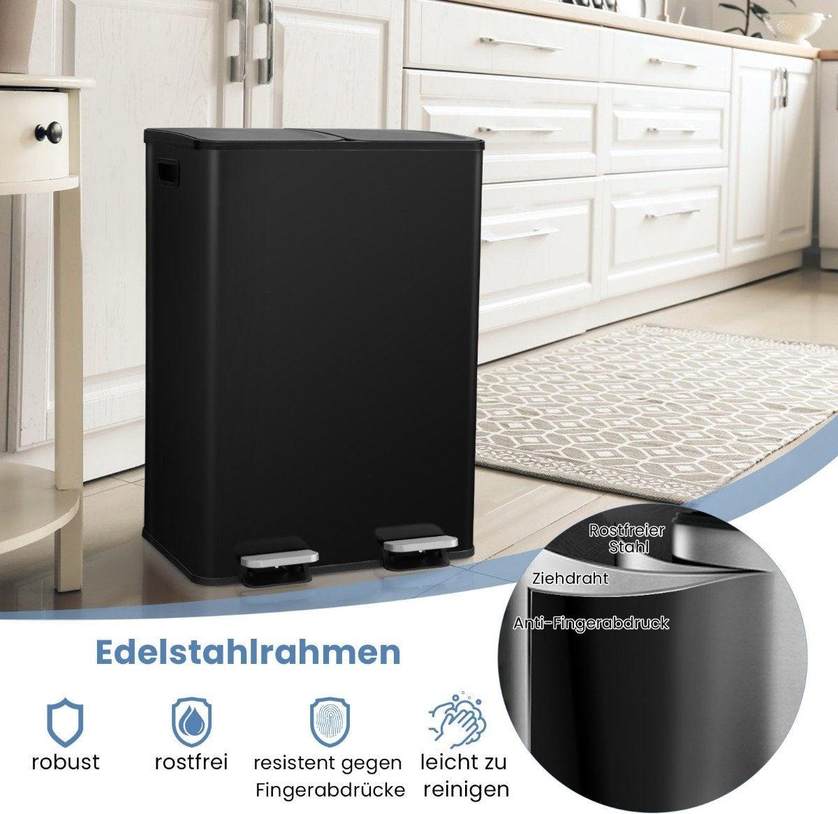 Küchen-Mülleimer mit zwei Fächern, 60 l, Soft-Close, Schwarz