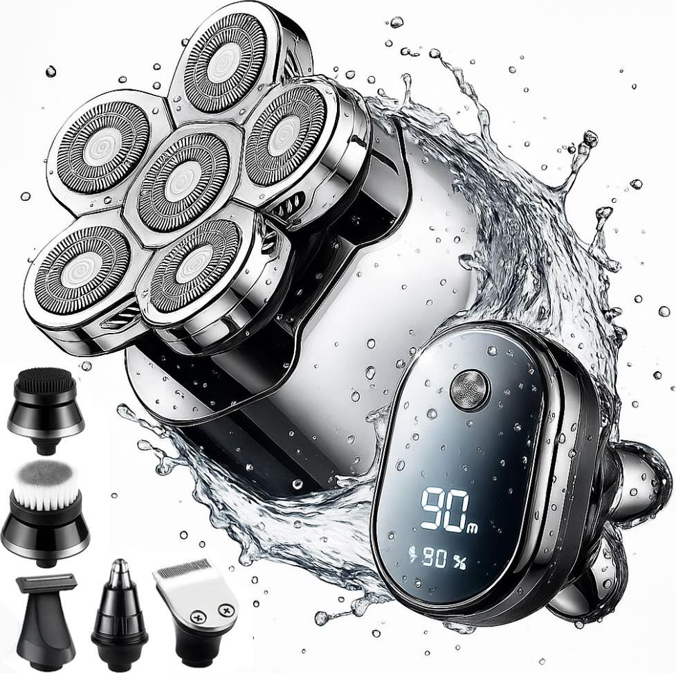 Linomag® multifunkčný elektrický holiaci strojček, profesionálny, 6D 6 v 1 s flexibilnými rotačnými hlavami, vodotesný, nabíjateľný cez USB, na hlavu, fúzy, nos a kontúry, Gun Metal