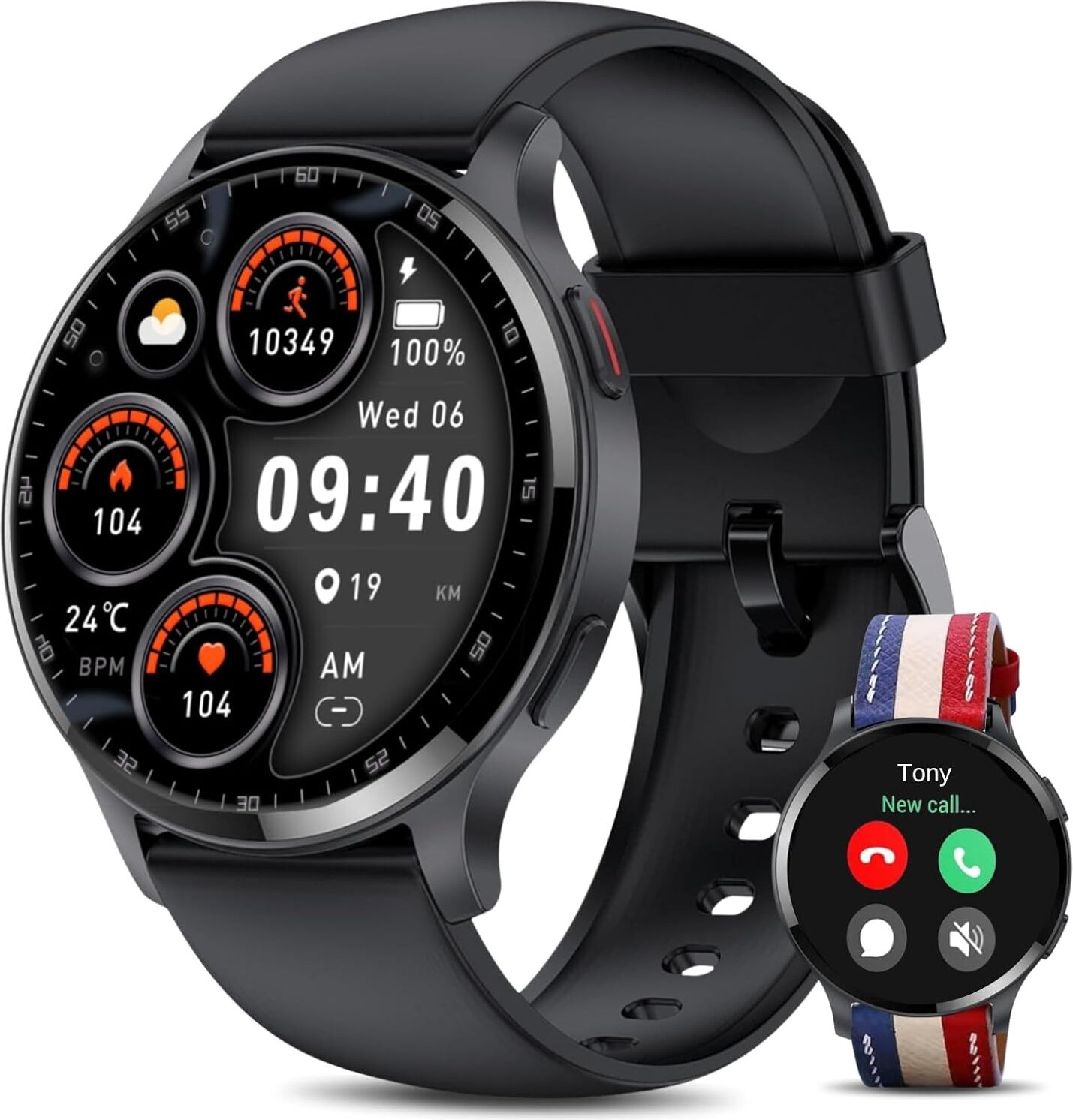 Hoaiyo Smartwatch C1 - 1,5" fitness hodinky s funkciou telefónu, srdcového tepu, ovládania hudby, krokomeru, vodotesné, kožený remienok