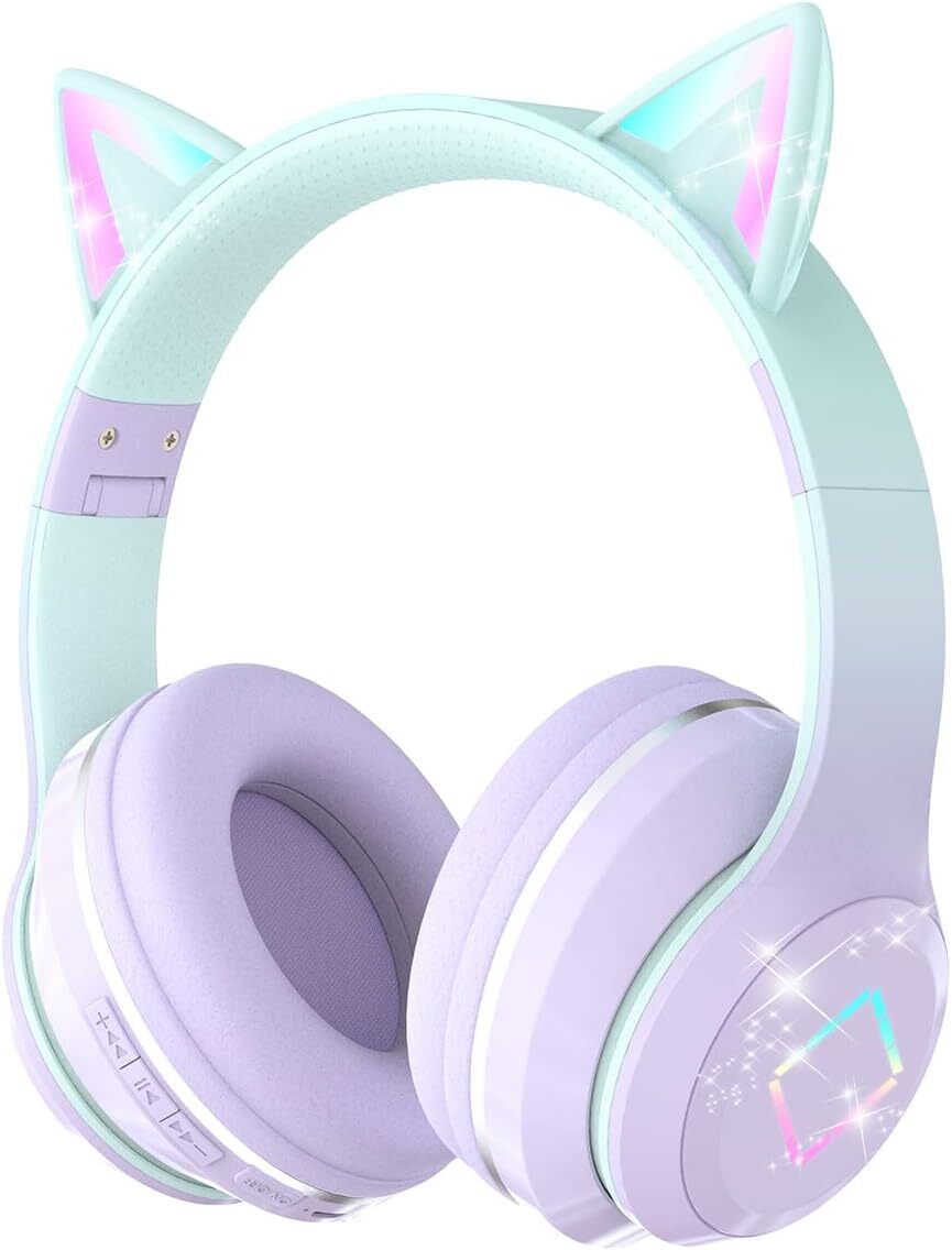 Čistý zvuk a integrovaný mikrofón Bezdrôtové detské slúchadlá so svetelnými mačacími ušami LED a mikrofónom, HD stereo zvuk, skladací, nastaviteľný hlavový most