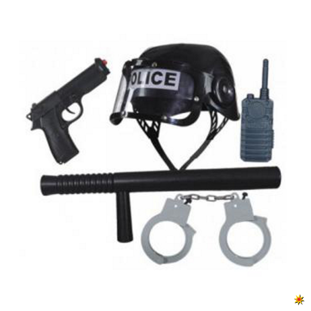 Polizei Kostüm-Set mit Polizeimarke Handschellen Uhr Ausweis u Pistole Zubehör 